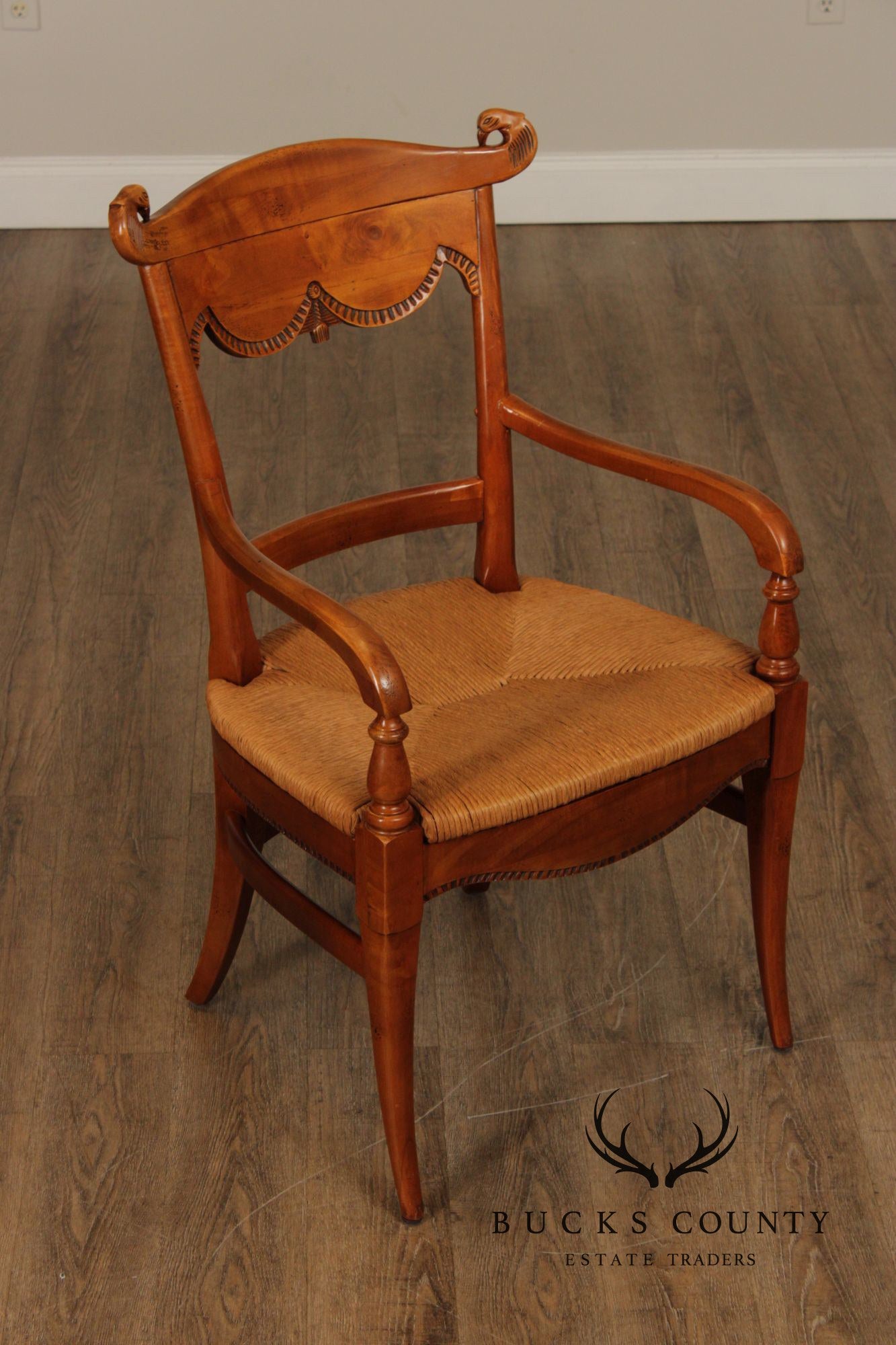 Federal Style Set of Four Eagle-Carved Rush Seat Dining Chairs