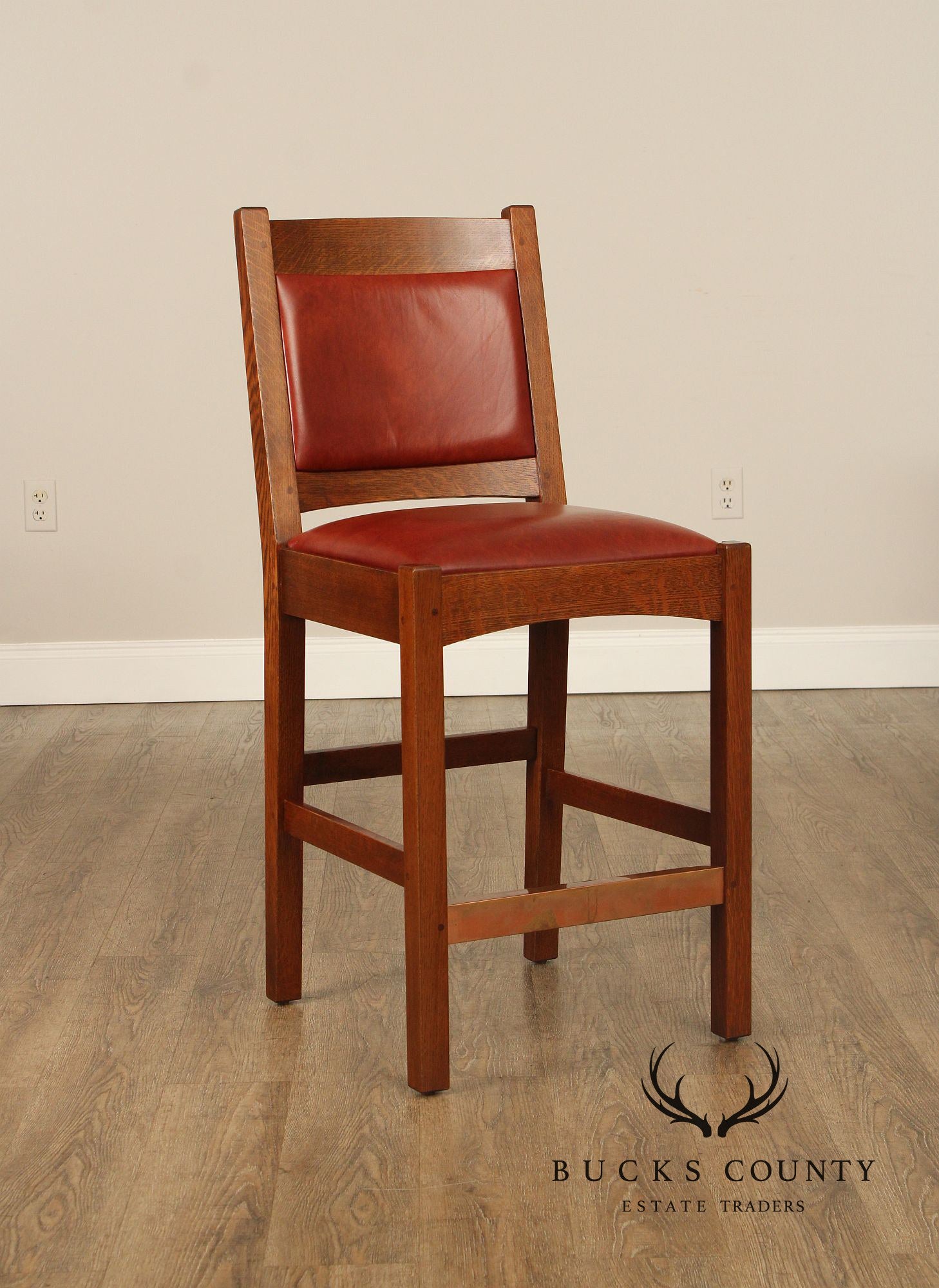 Stickley Mission Collection Pair of Oak And Leather Counter Stools