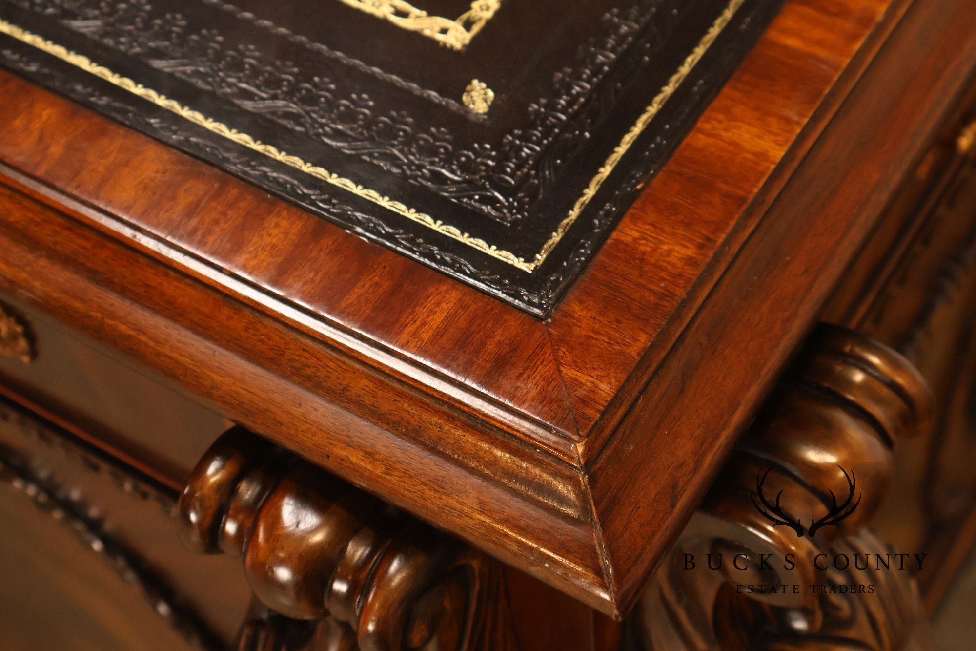 Maitland-Smith Carved Mahogany Leather Top Executive Partner's Desk