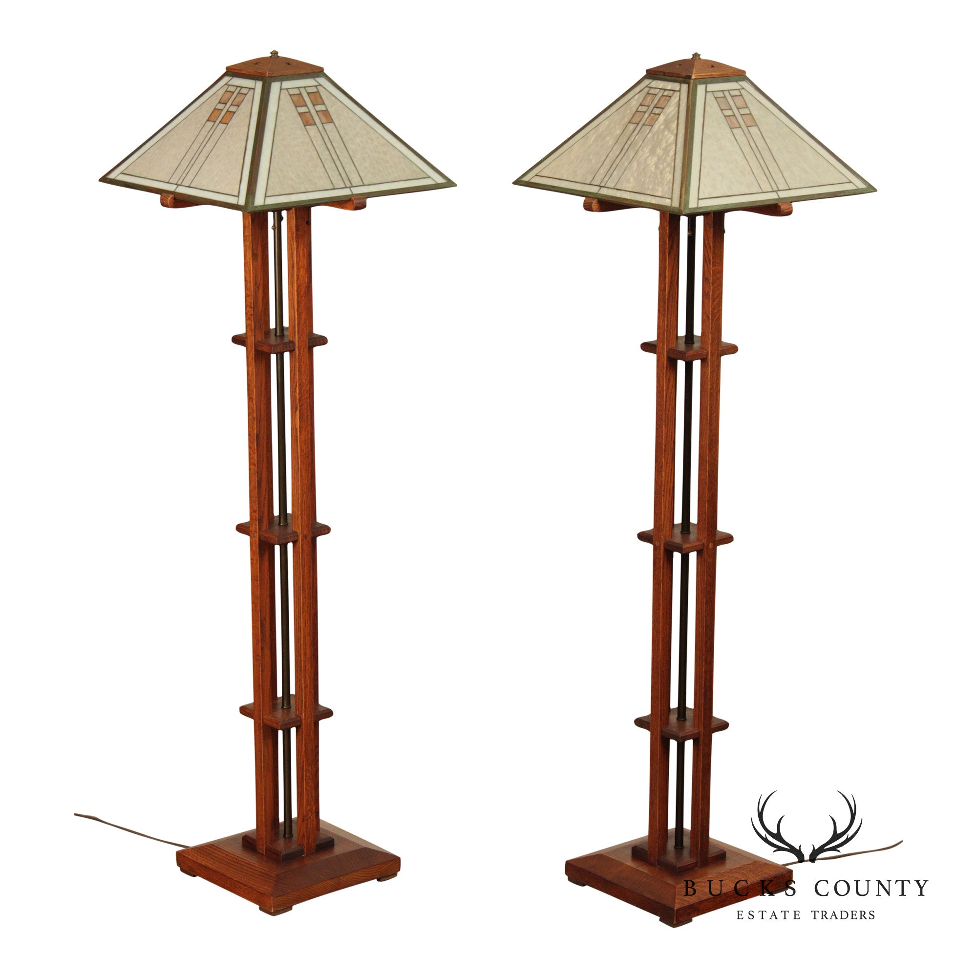 Pair Michael Adams – Aurora Studios Prairie School Oak & Stained Glass Floor Lamps