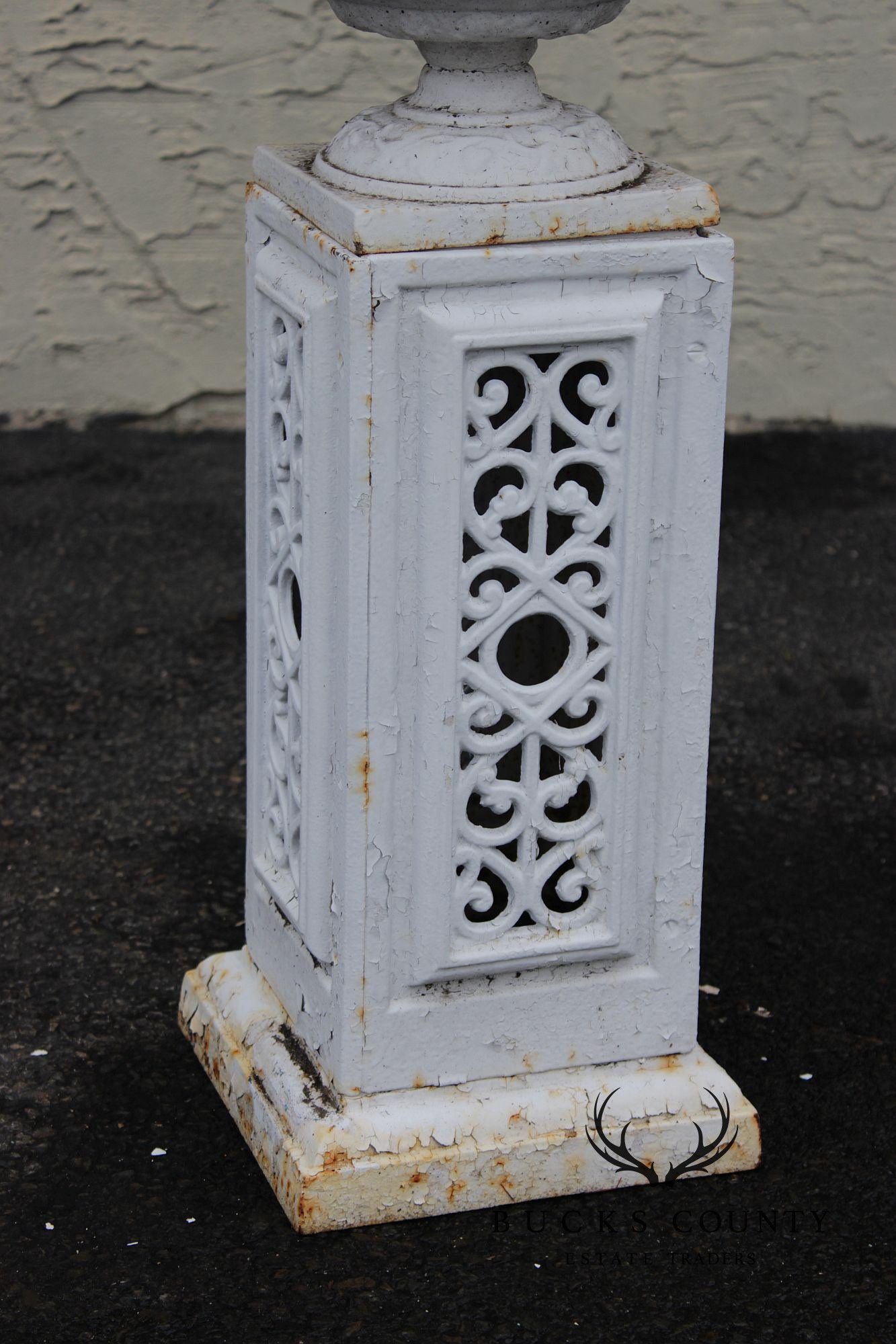 Vintage Pair of Painted Cast Iron Garden Urns on Stands