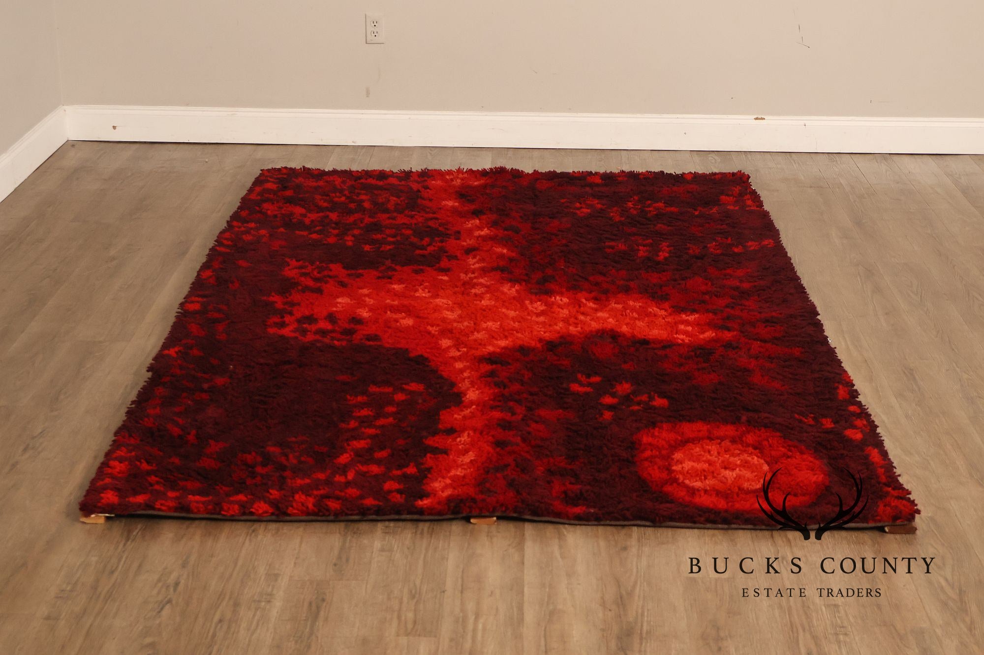 Mid Century Modern Scandinavian Rya Wool Abstract Red Shag Area Rug / Textile Wall Hanging by Ritva Puotila