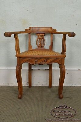 Anglo Indian Solid Padauk Wood Carved Lyre Back Cane Seat Arm Chair