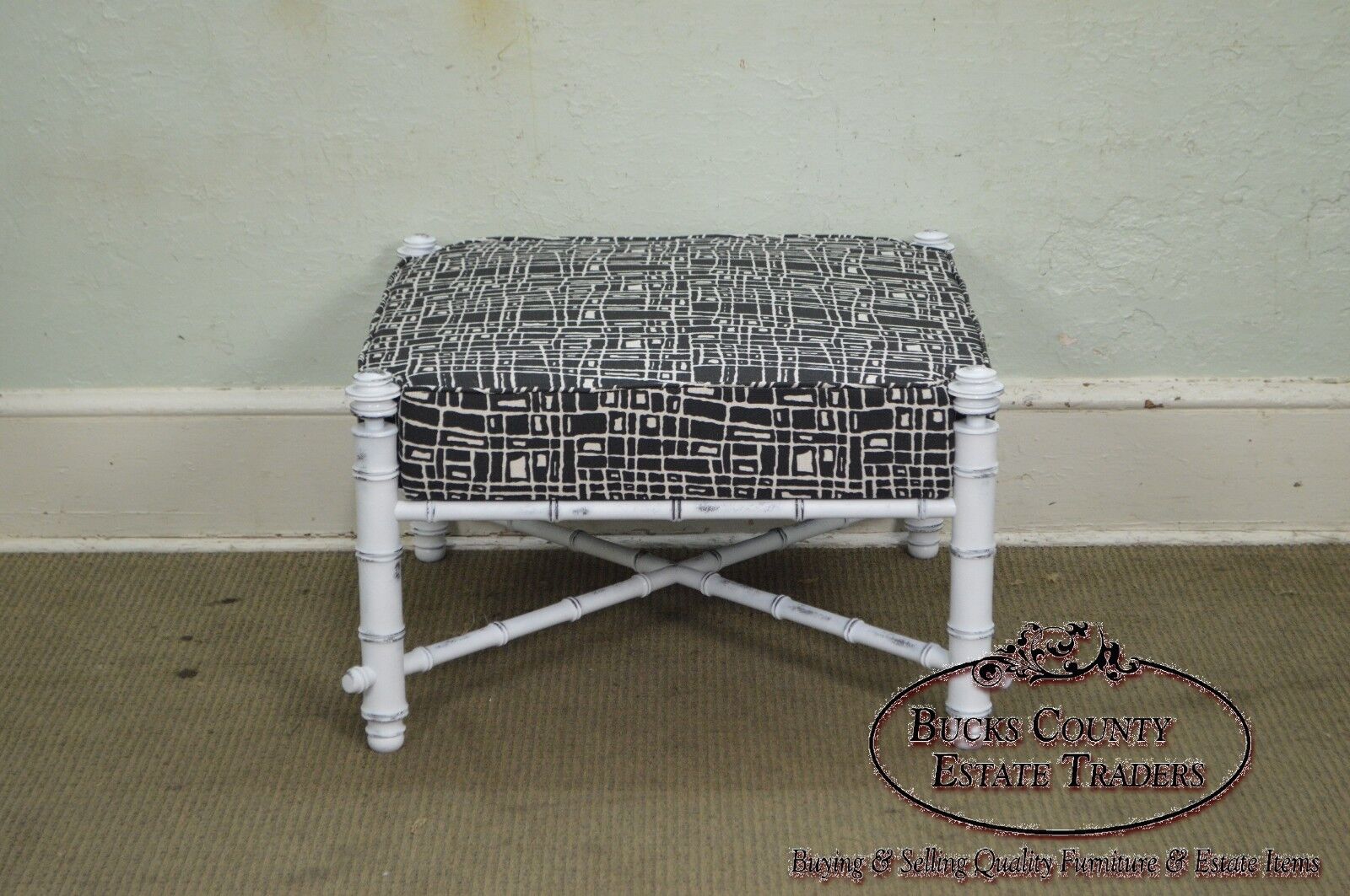 Custom Painted Faux Bamboo Large Square Upholstered Ottoman