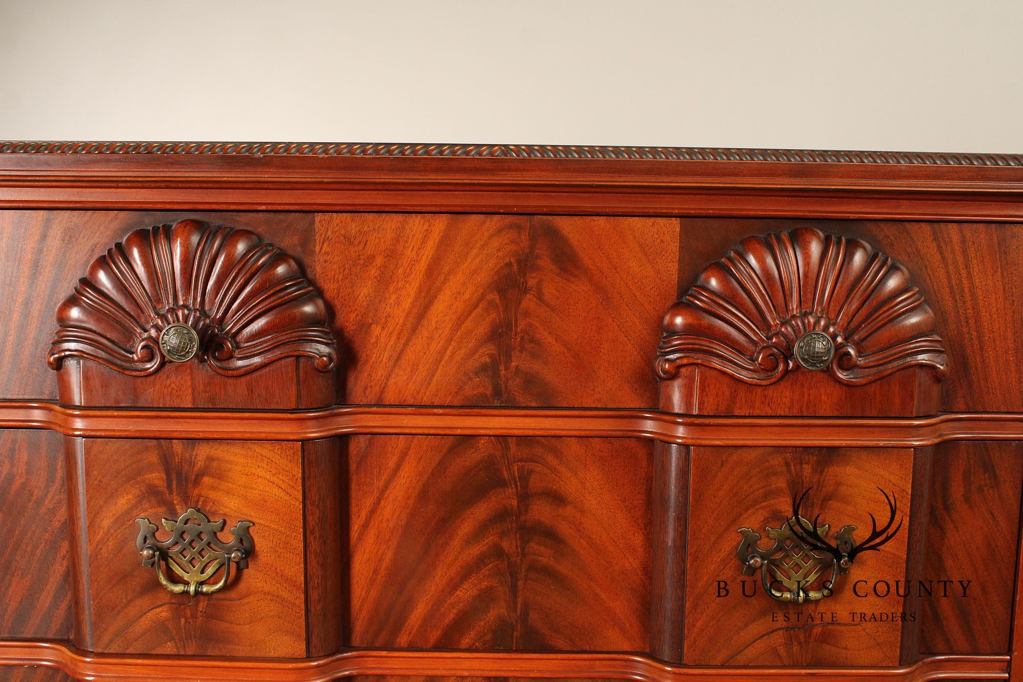 1940's Chippendale Style Shell Carved Flame Mahogany Blockfront Tall Chest