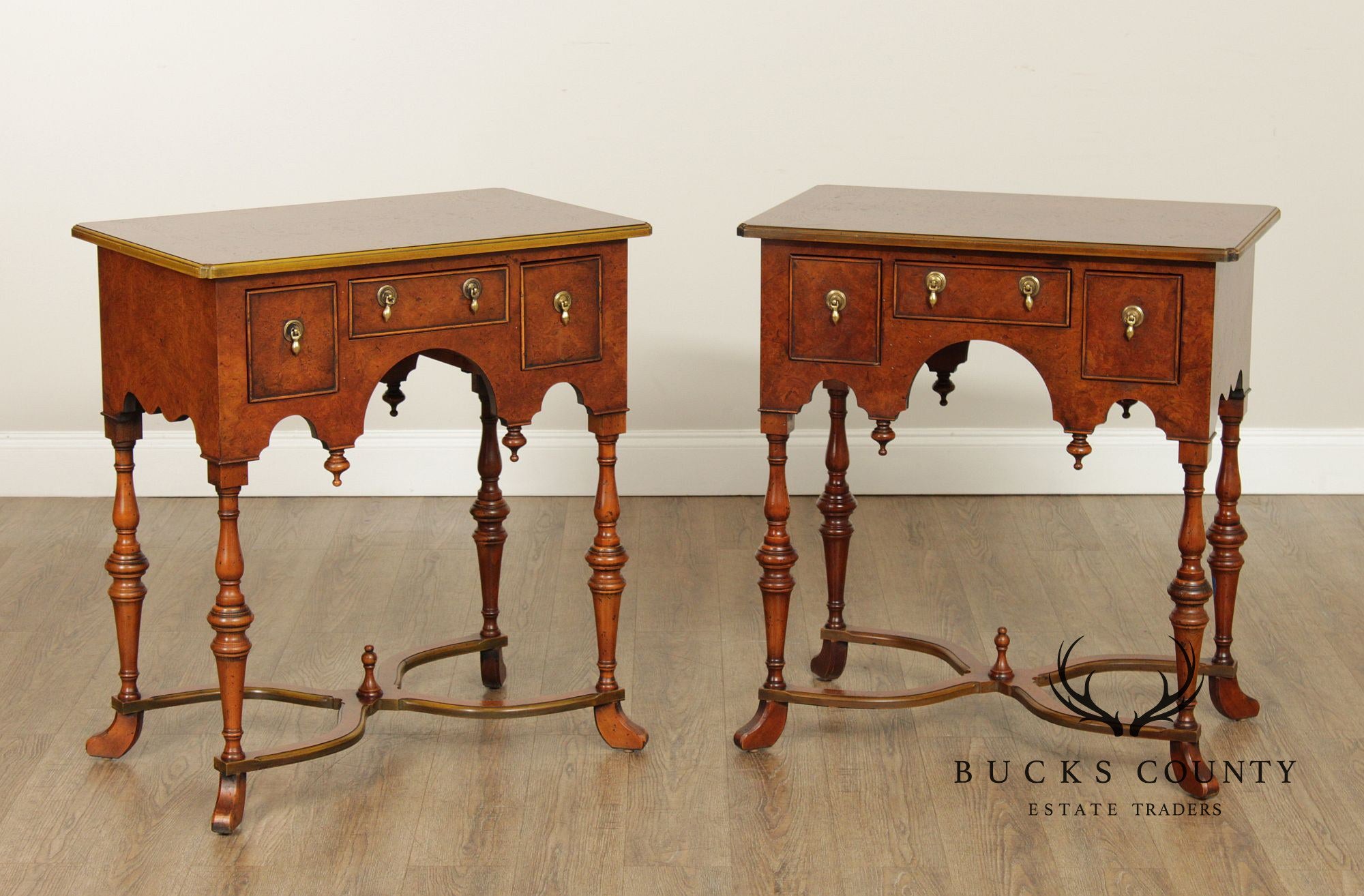 Southampton William & Mary Style Pair of Burlwood Lowboys