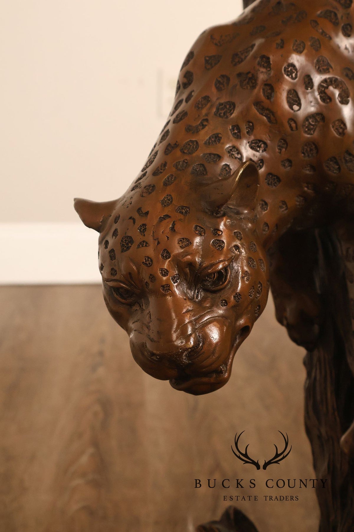 Large Bronze Leopard Sculpture On Tree Stump Base