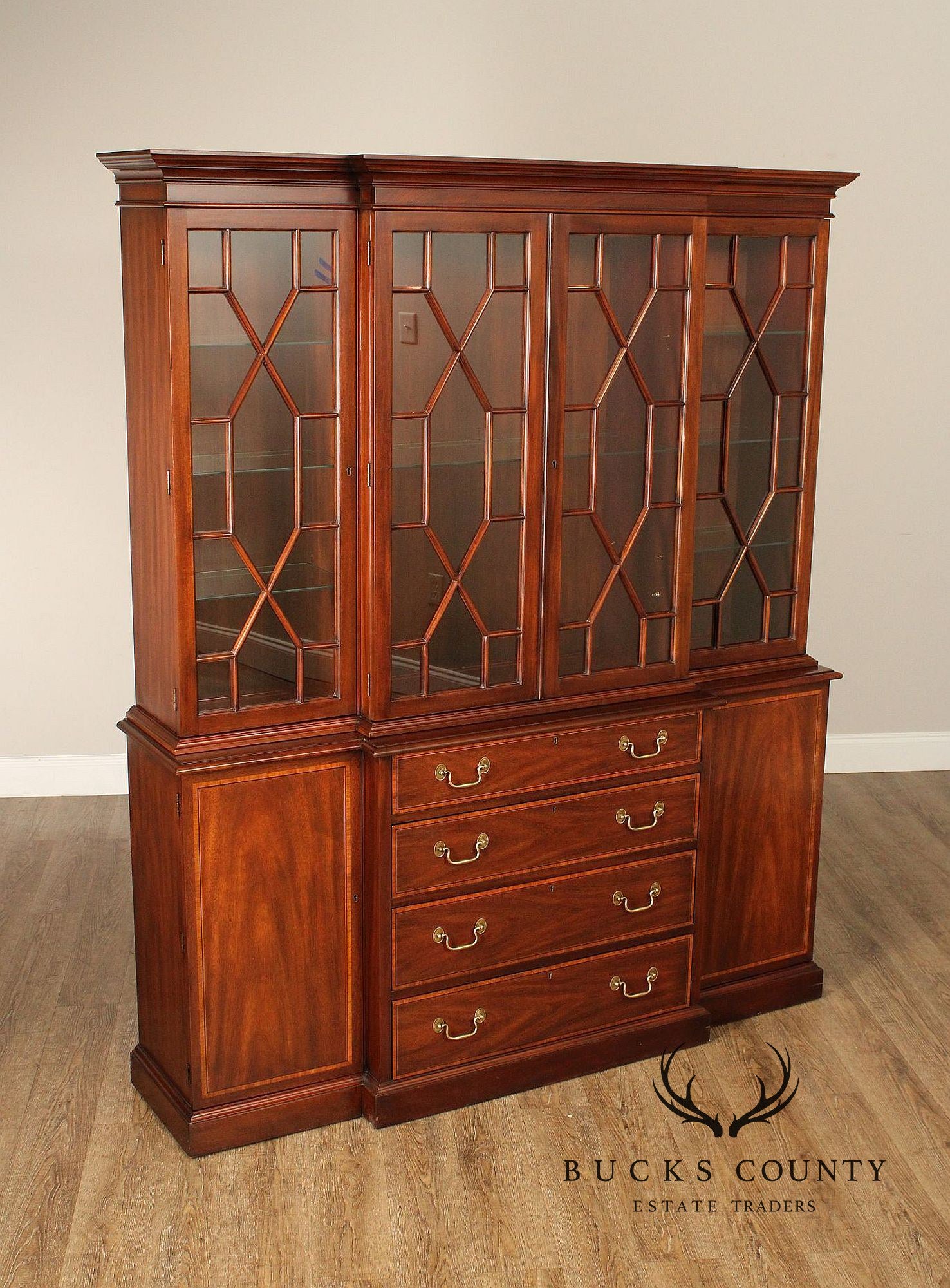 Henkel Harris Georgian Style Inlaid Mahogany Breakfront Bookcase