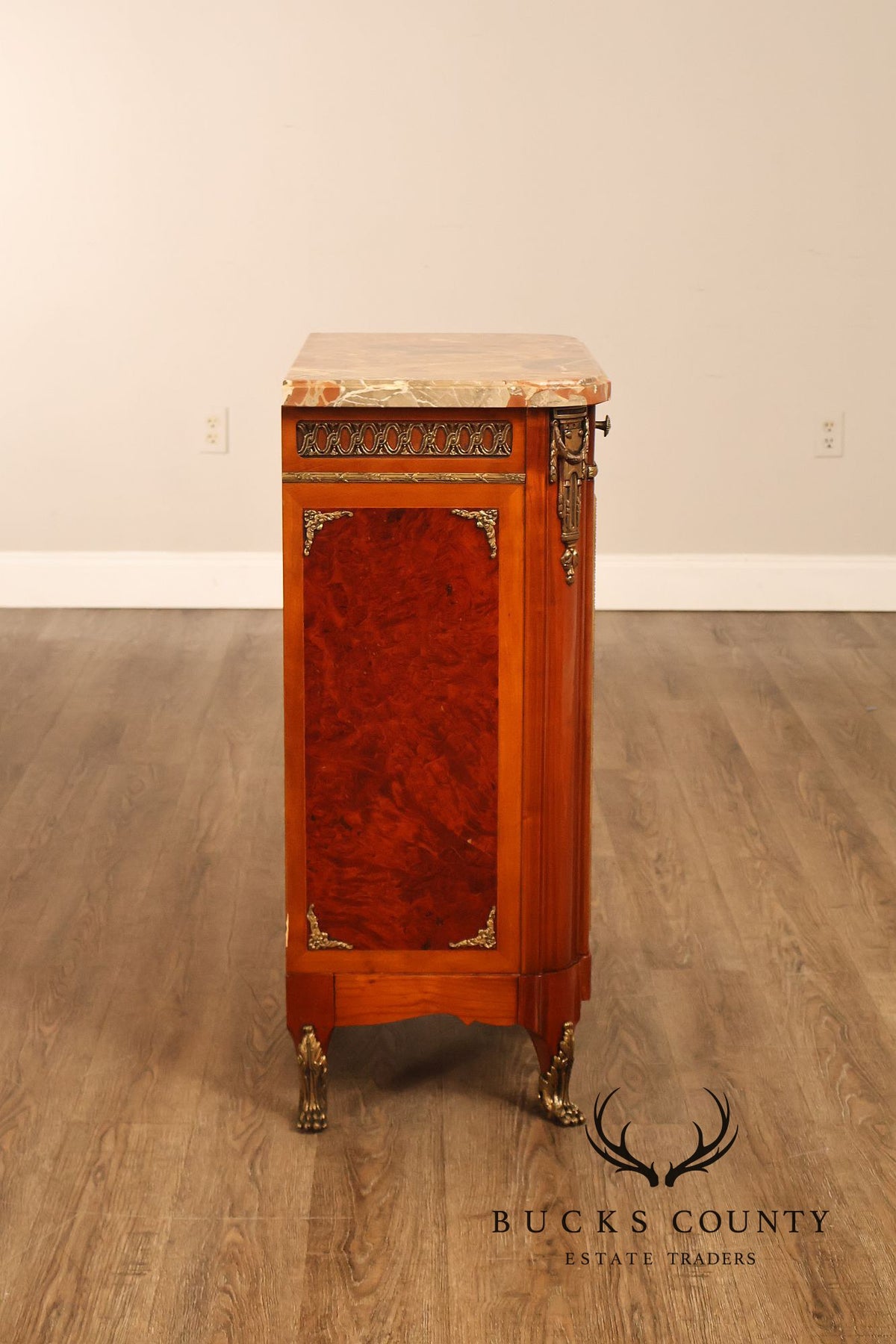 Louis XVI Style Marble Top Marquetry And Bronze Mounted Cabinet