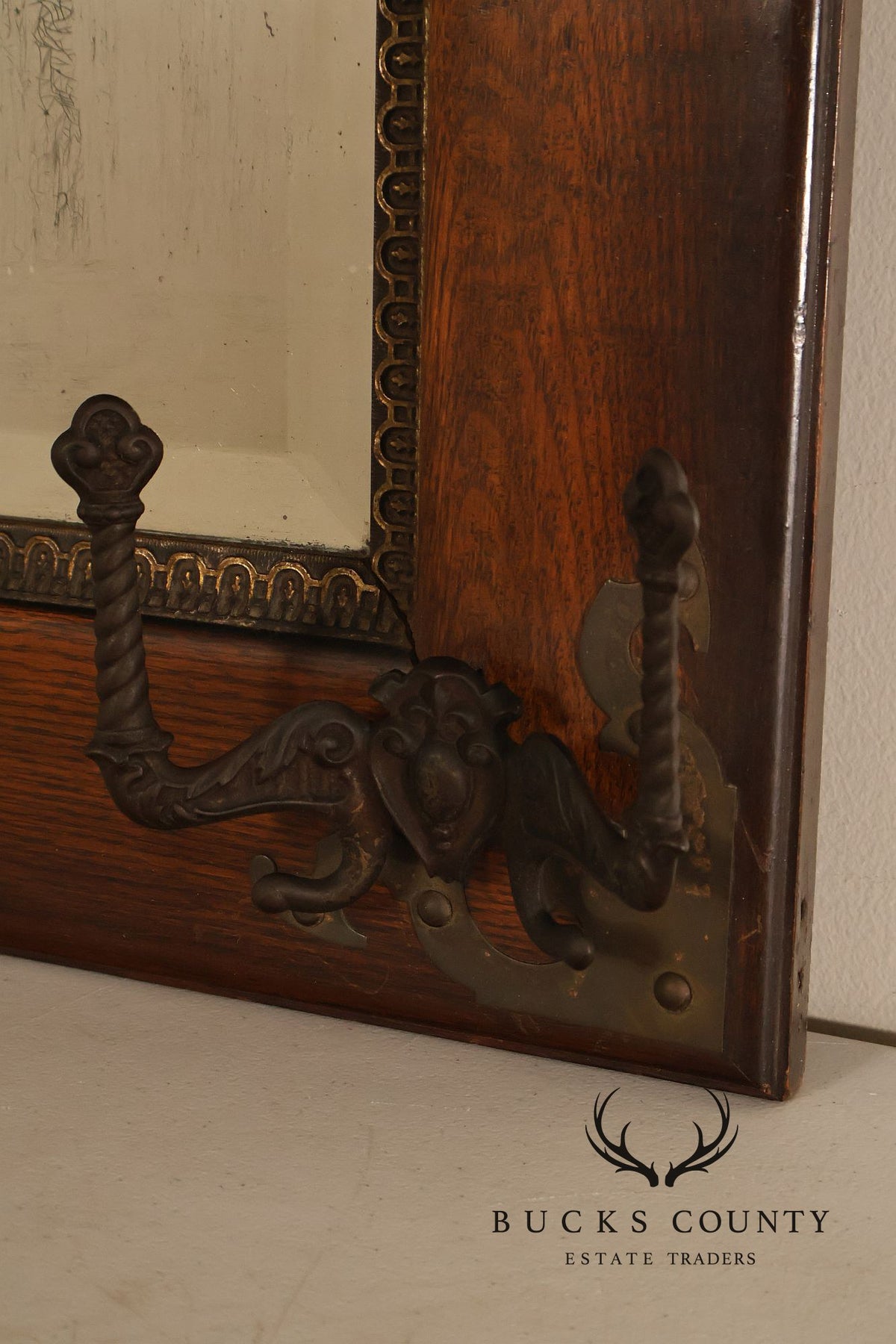 Antique Victorian Oak Wall Mirror With Cast Iron Coat Hooks