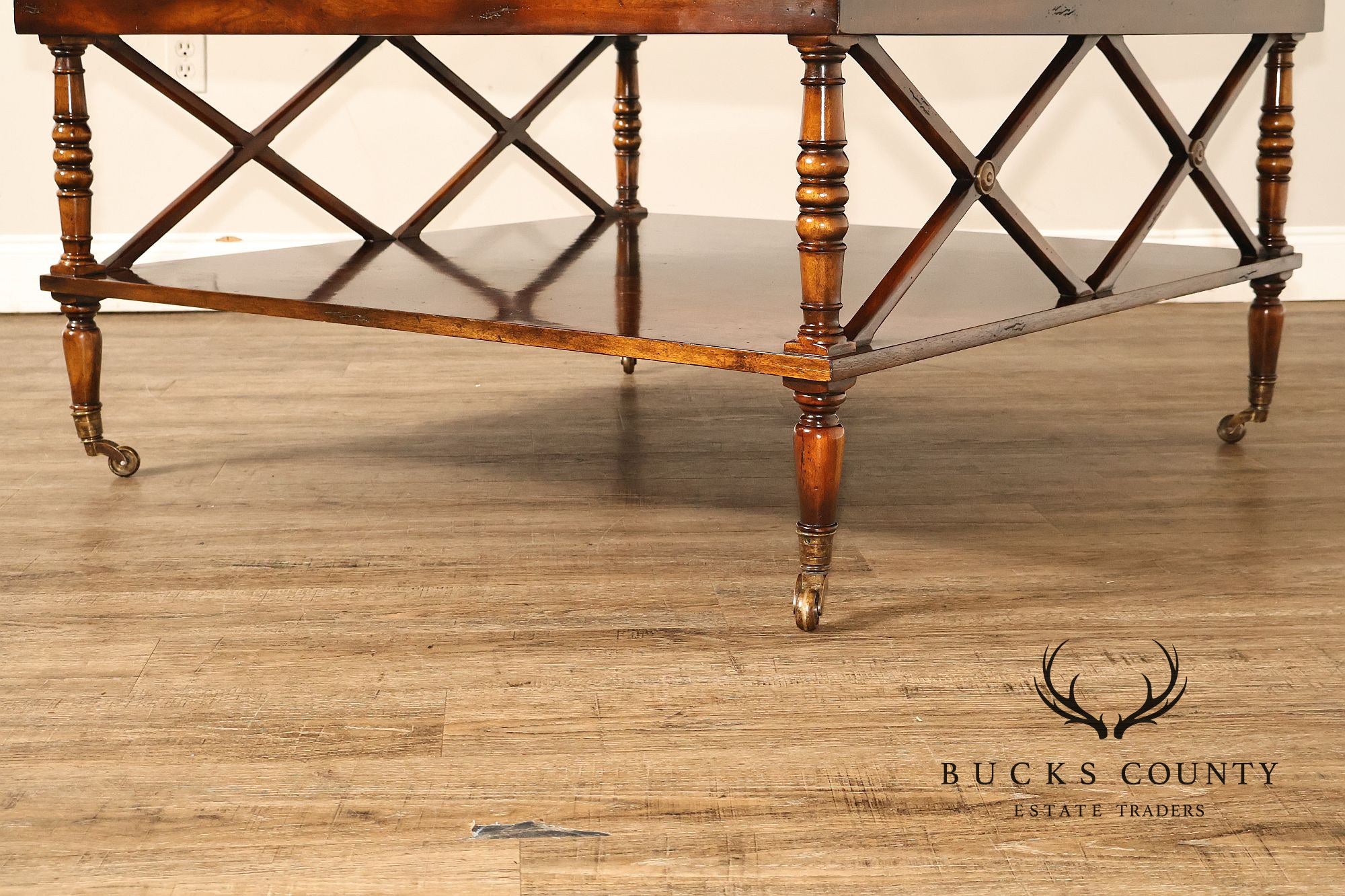 Regency Style Burl Wood Two-Tier Square Coffee Table On Brass Casters
