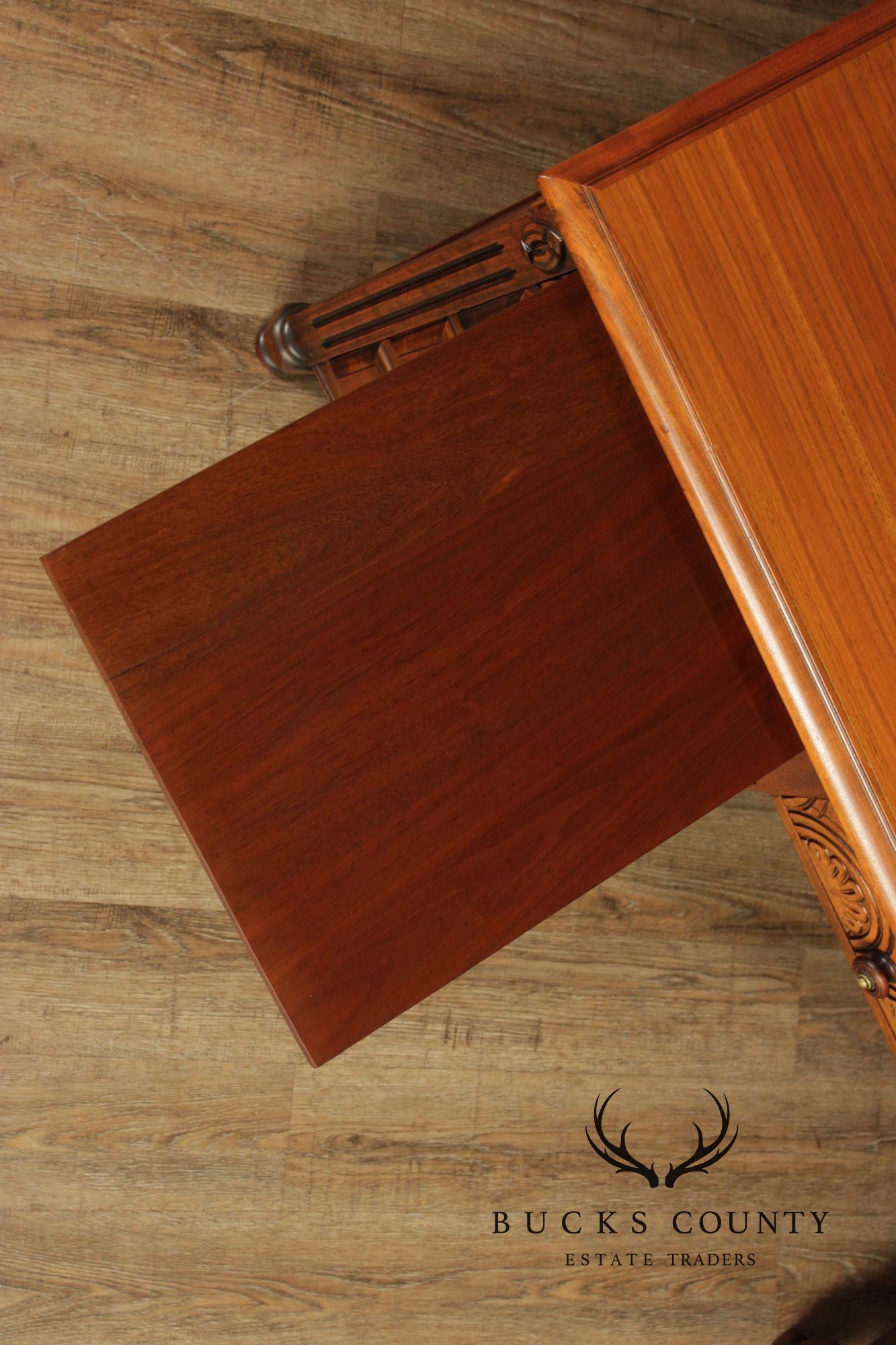 1930 Walnut Carved Pedestal Executive Desk with Pull-Out Writing Slides