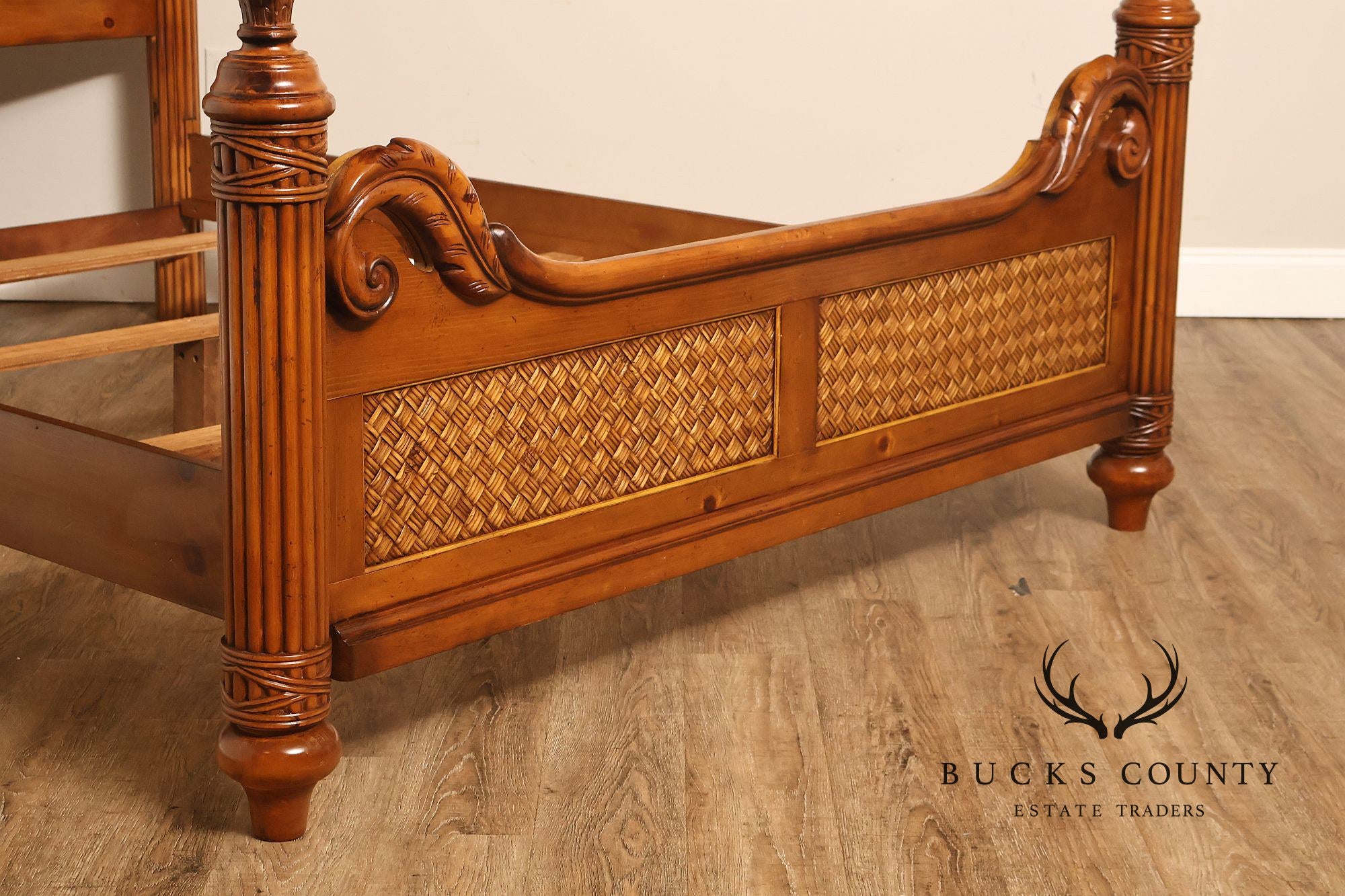 Tropical British Colonial Style Carved Wood Queen Poster Bed