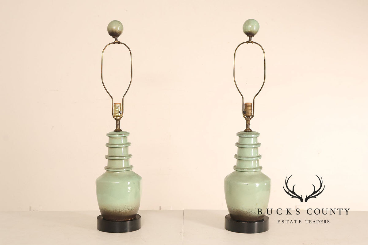 Asian Style Pair of Celadon Table Lamps
