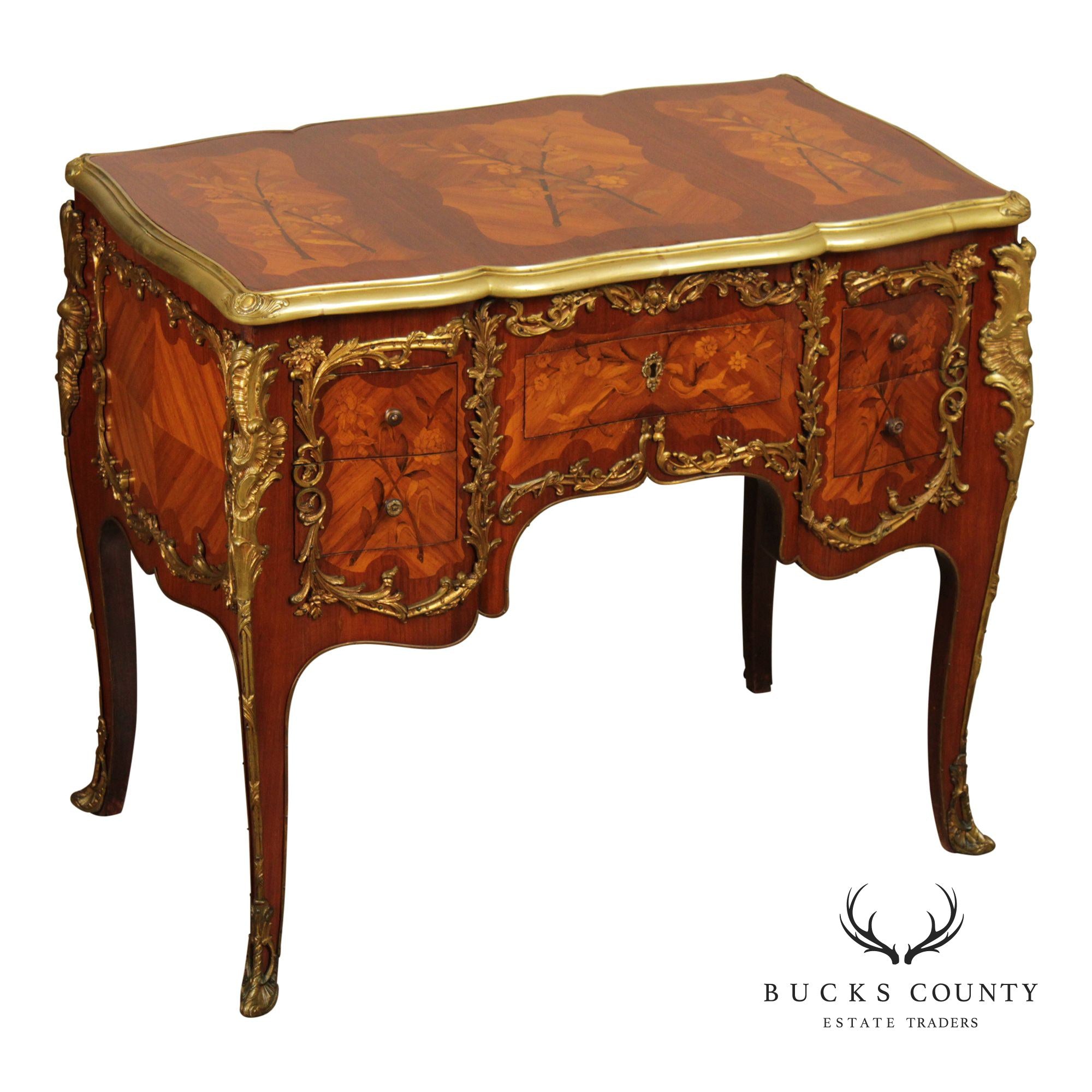 French Louis XV Style Marquetry Inlaid Bronze Mounted Knee Hole Desk