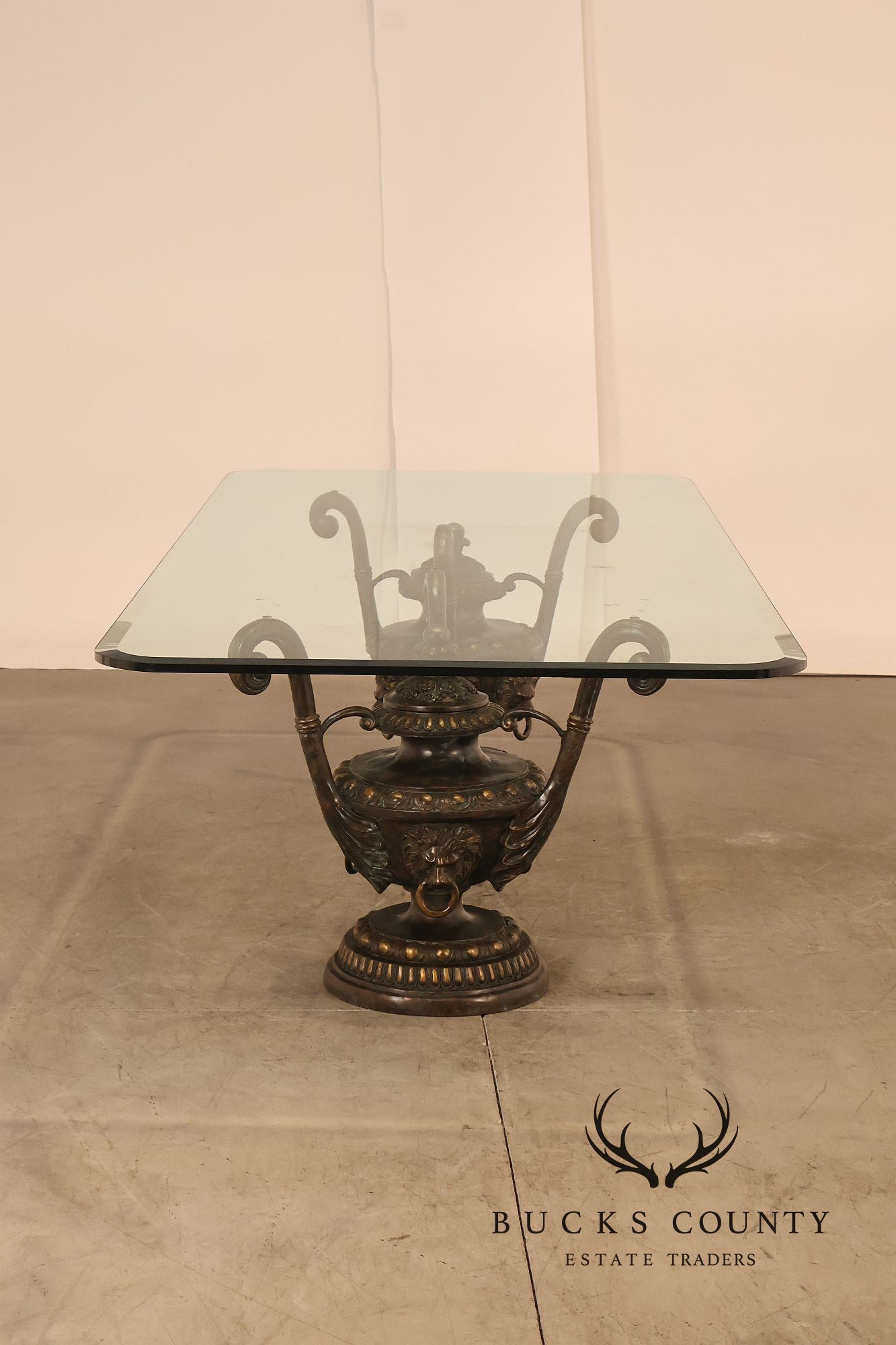 Monumental Brass Urn Form  Double Pedestal Glass Top Dining Table