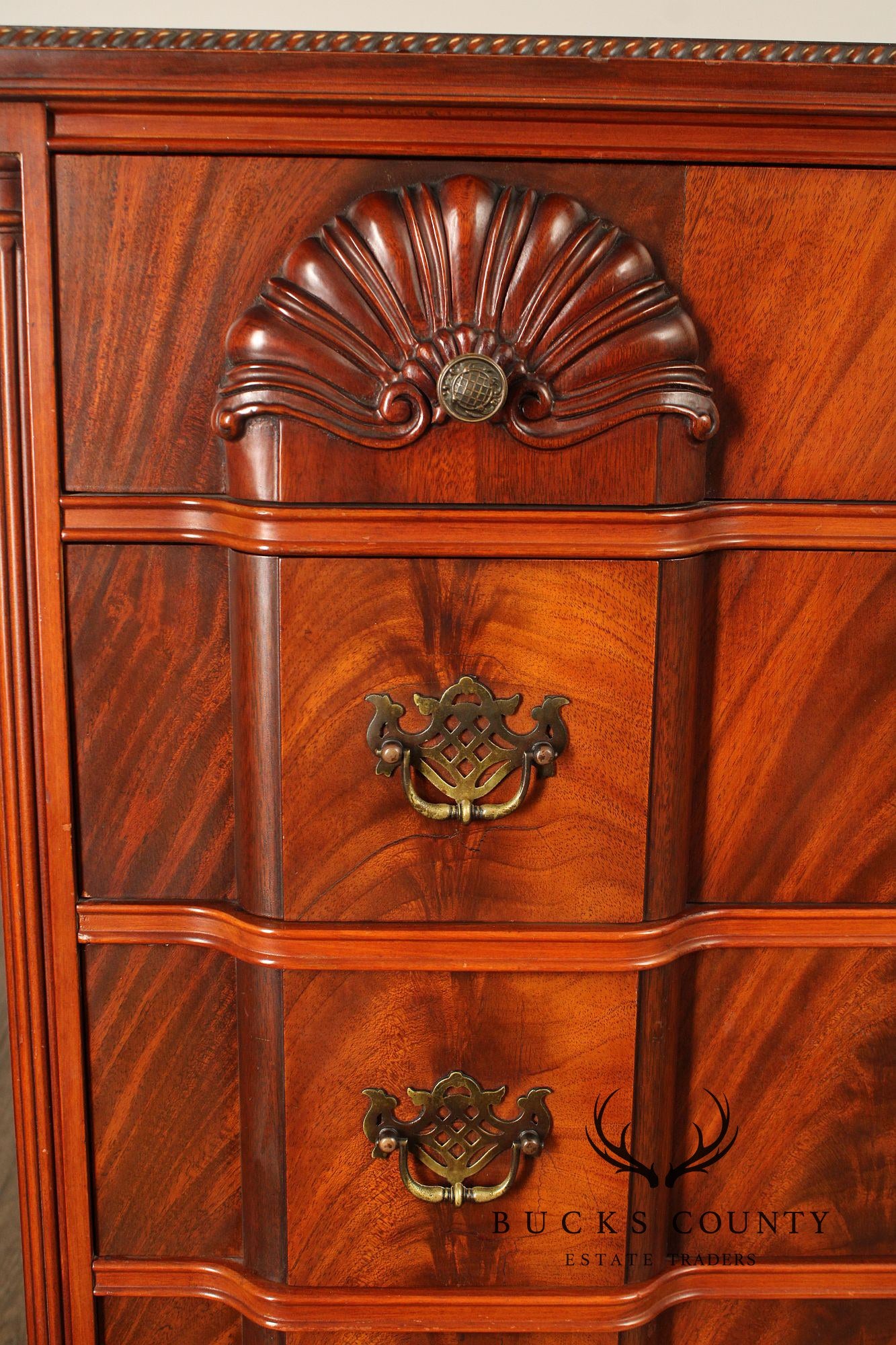 1940's Chippendale Style Shell Carved Flame Mahogany Blockfront Tall Chest