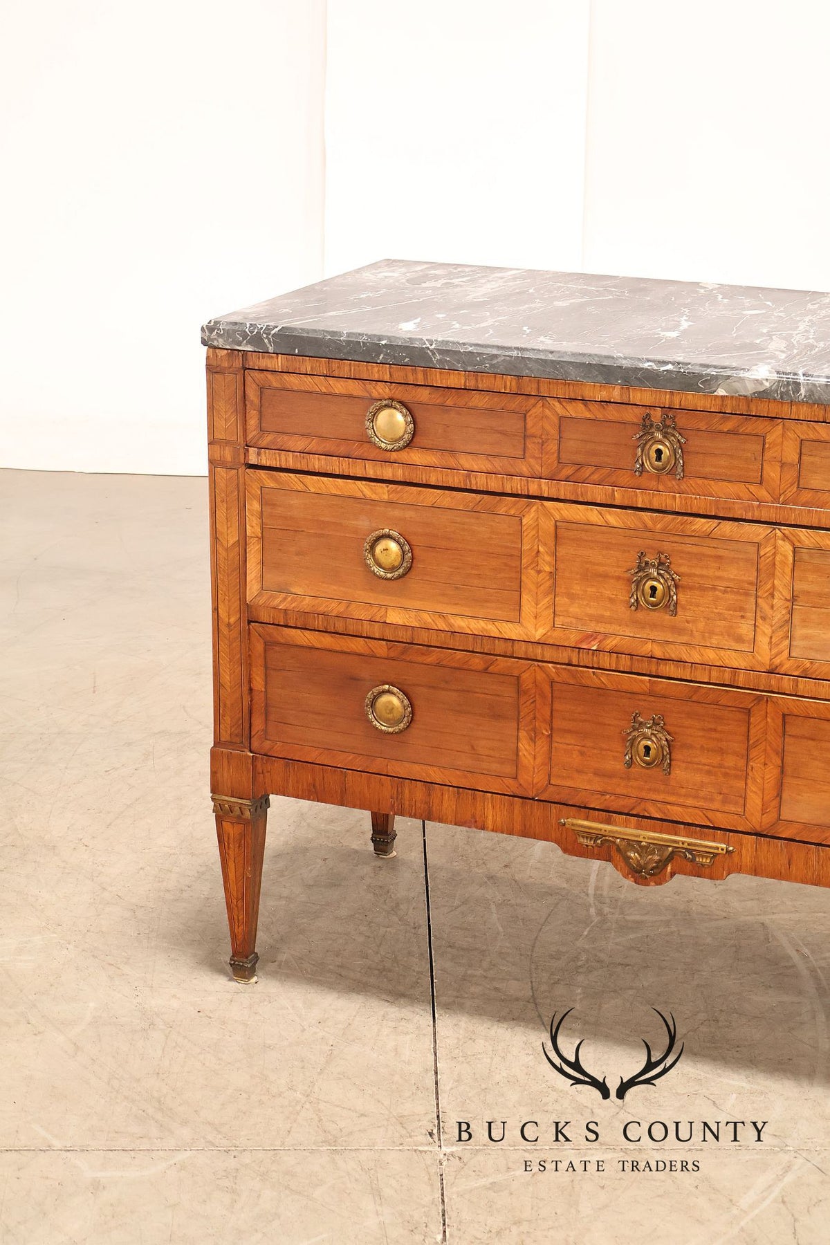Antique French Neoclassical Marble Top Inlaid Three Drawer Chest