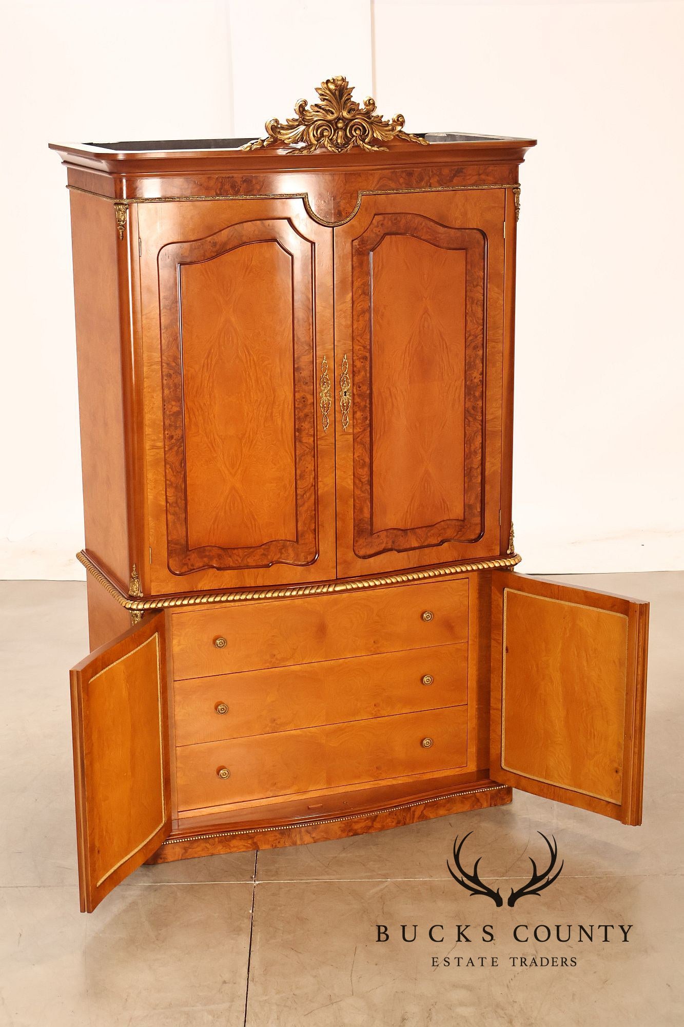 French Louis XV Style Burl Walnut Linen Closet Armoire