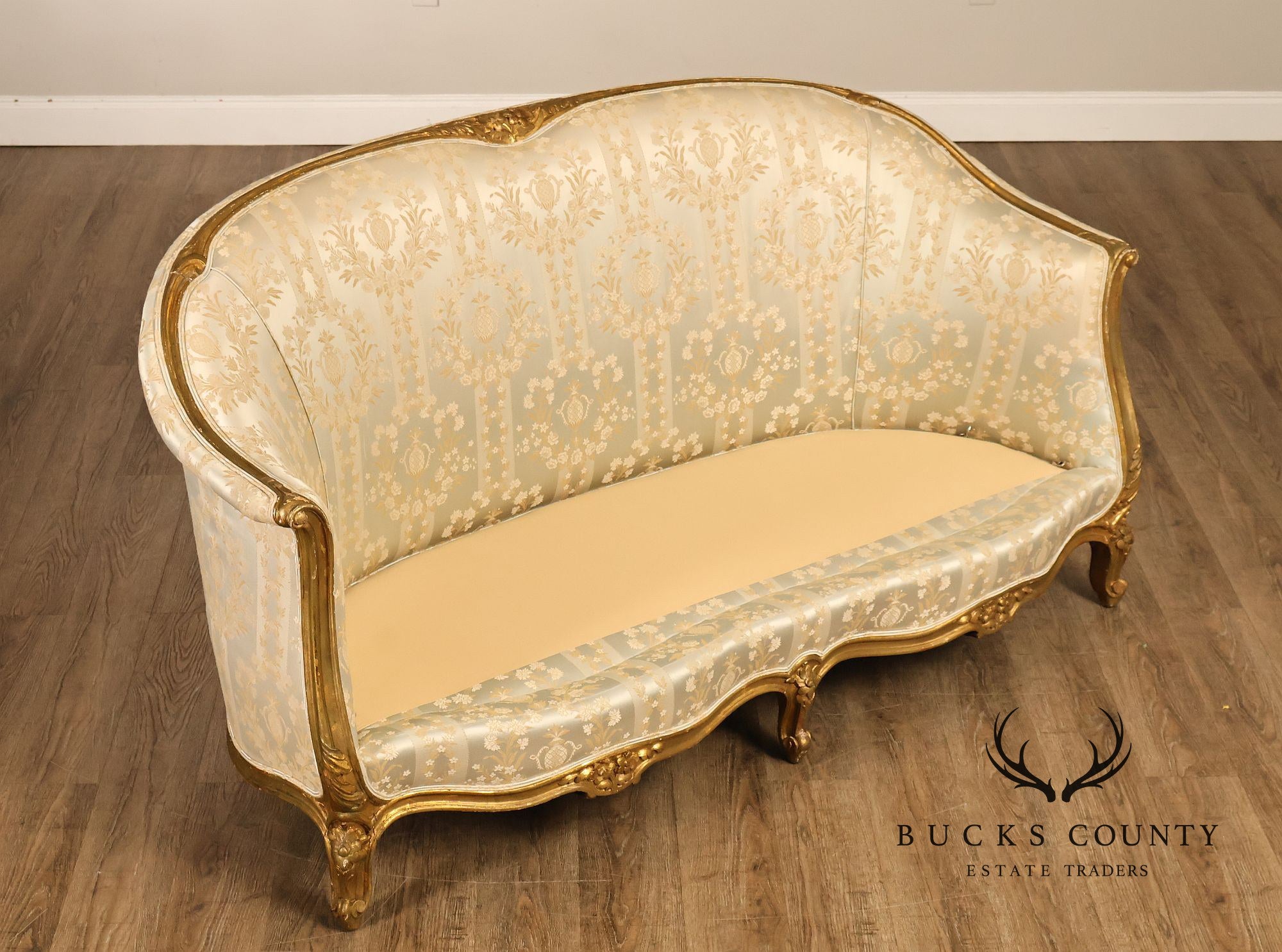 Antique French Louis XV Style Giltwood Upholstered Sofa