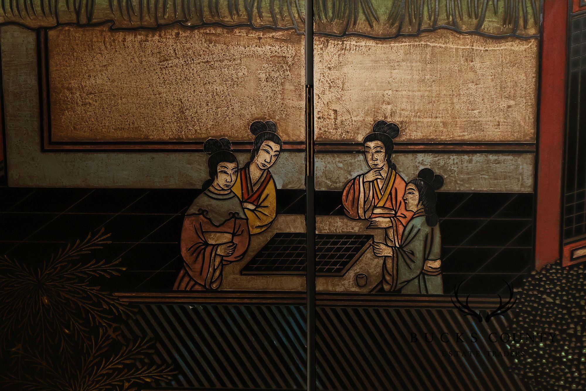 Asian Style Black Vintage Lacquer Six Panel Folding Screen