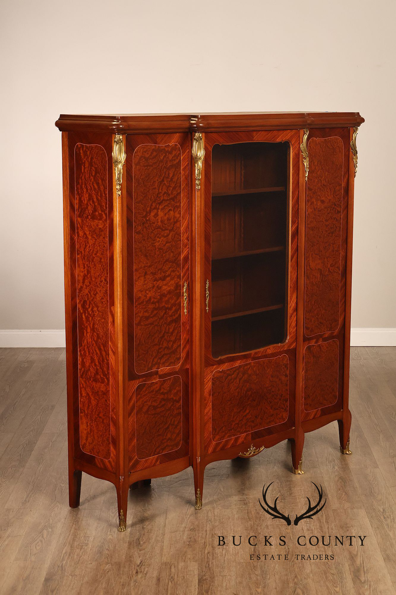 French Louis XV Style Burl Wood Three Door Bookcase Display Cabinet