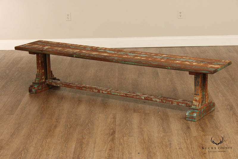 Custom Crafted Farmhouse Rustic Reclaimed Trestle Dining Table With Two Benches