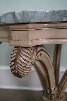 Grosfeld House Pair of Painted Carved Wood Plume Base Marble Top Side Tables