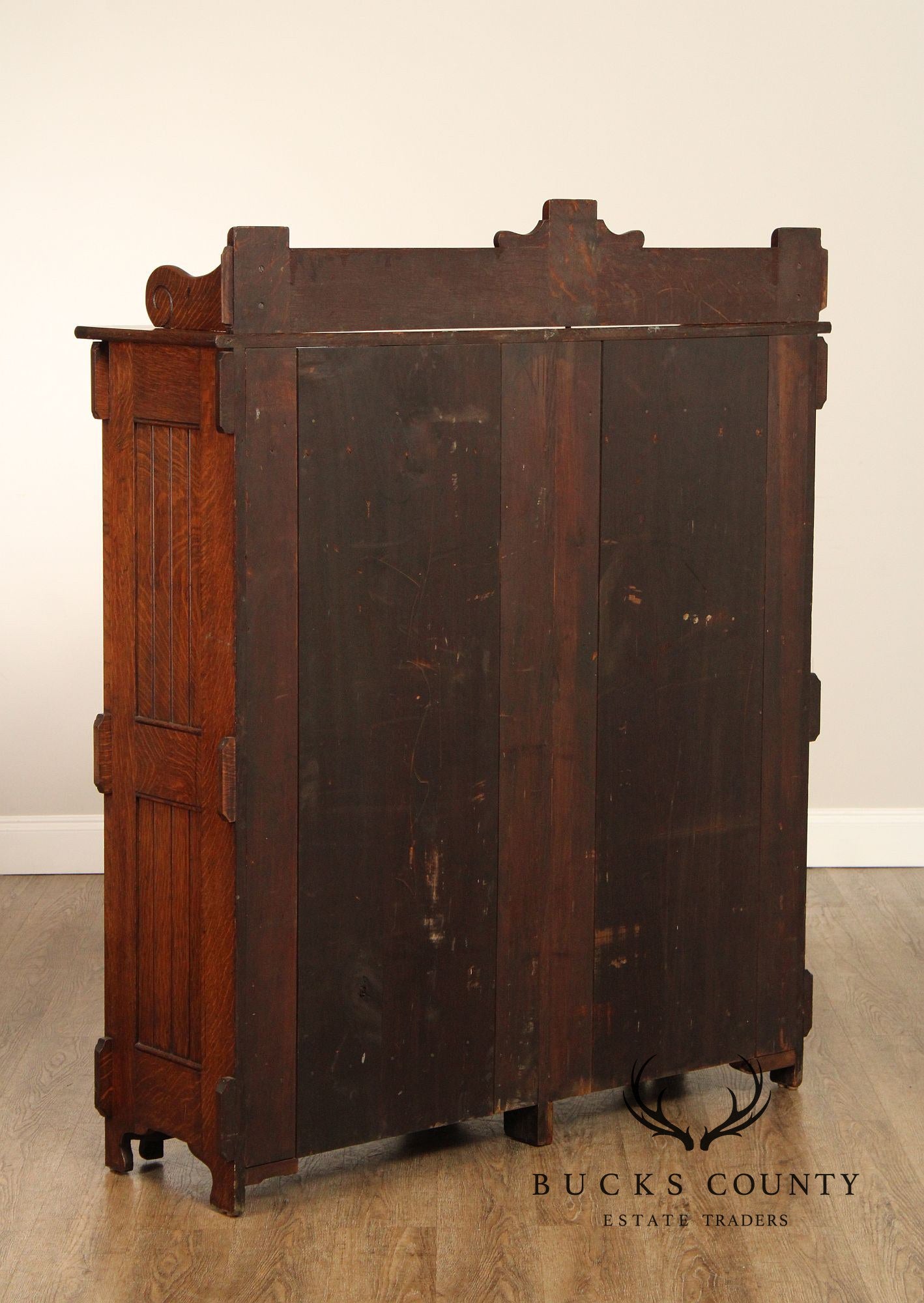 Antique Arts And Crafts Period Carved Oak Secretary Desk Bookcase