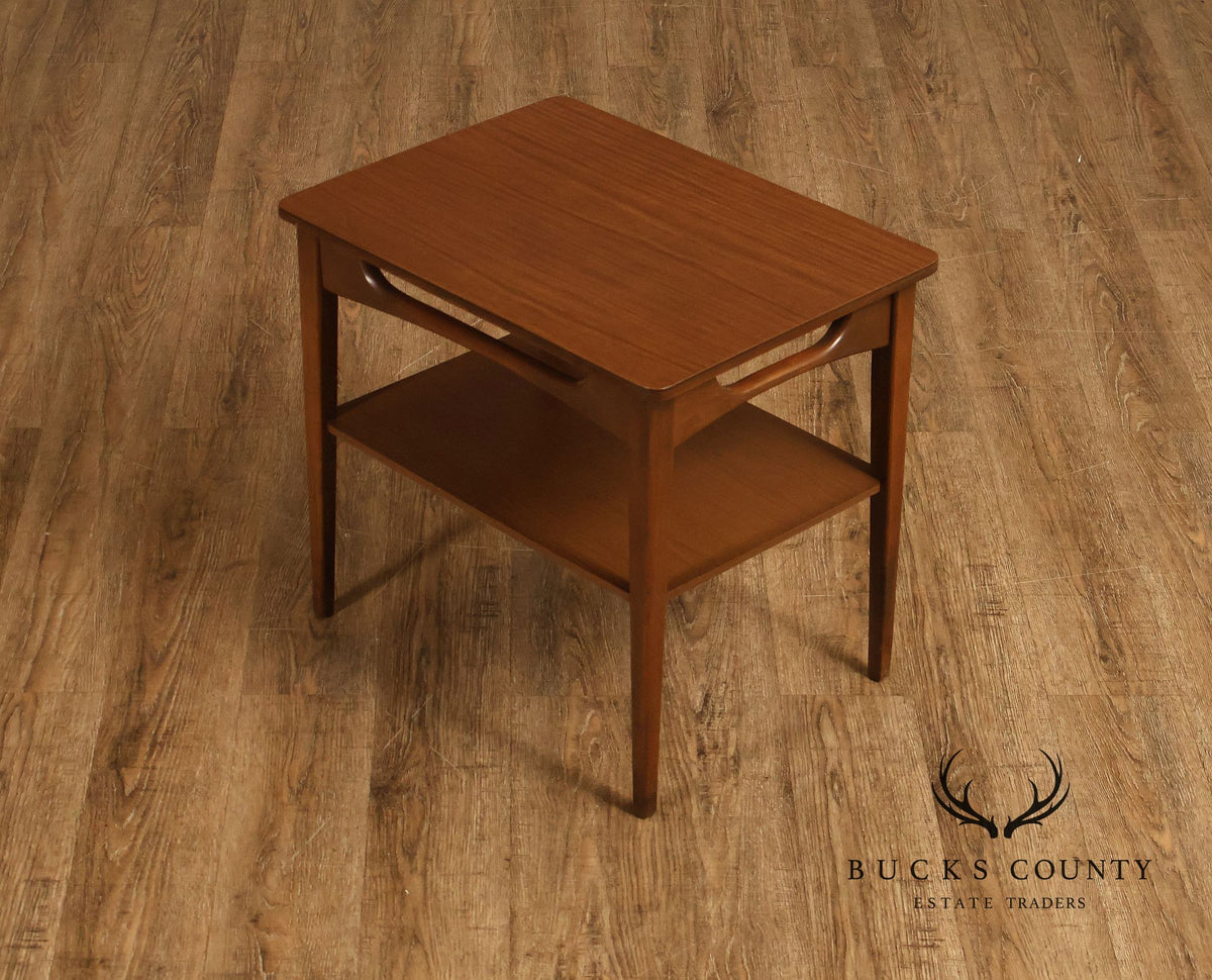 Mid-Century Modern Walnut Two-Tier End Table With Sculpted Apron Detail