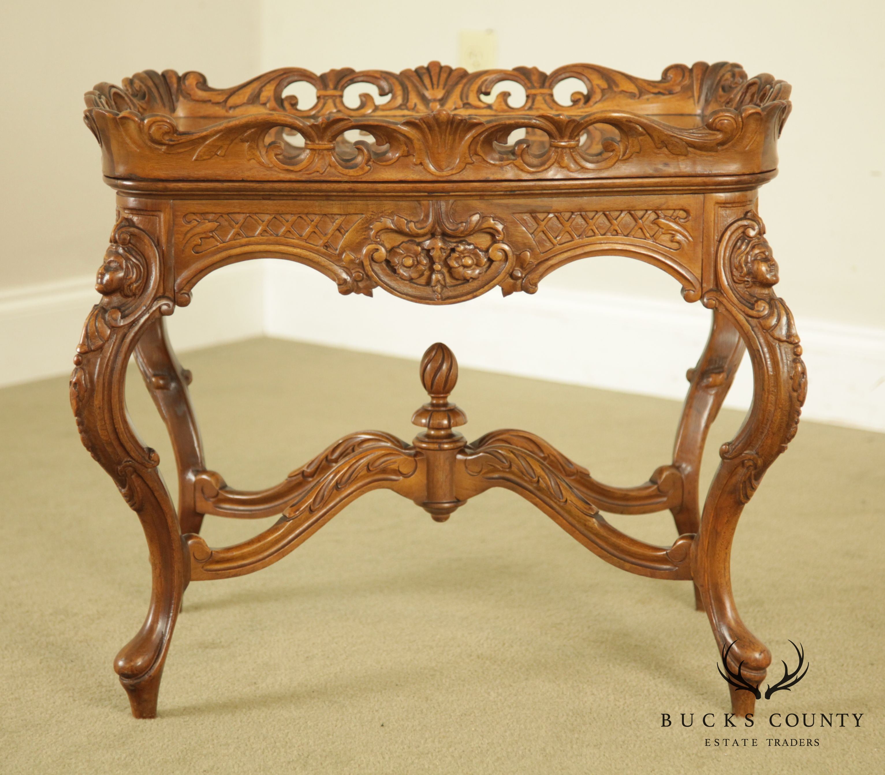 Renaissance Revival Antique Carved Walnut Tray Top Coffee Table