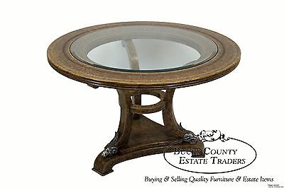 Maitland Smith Leather Clad Large Round Regency Style Center Table w/ Rams Heads