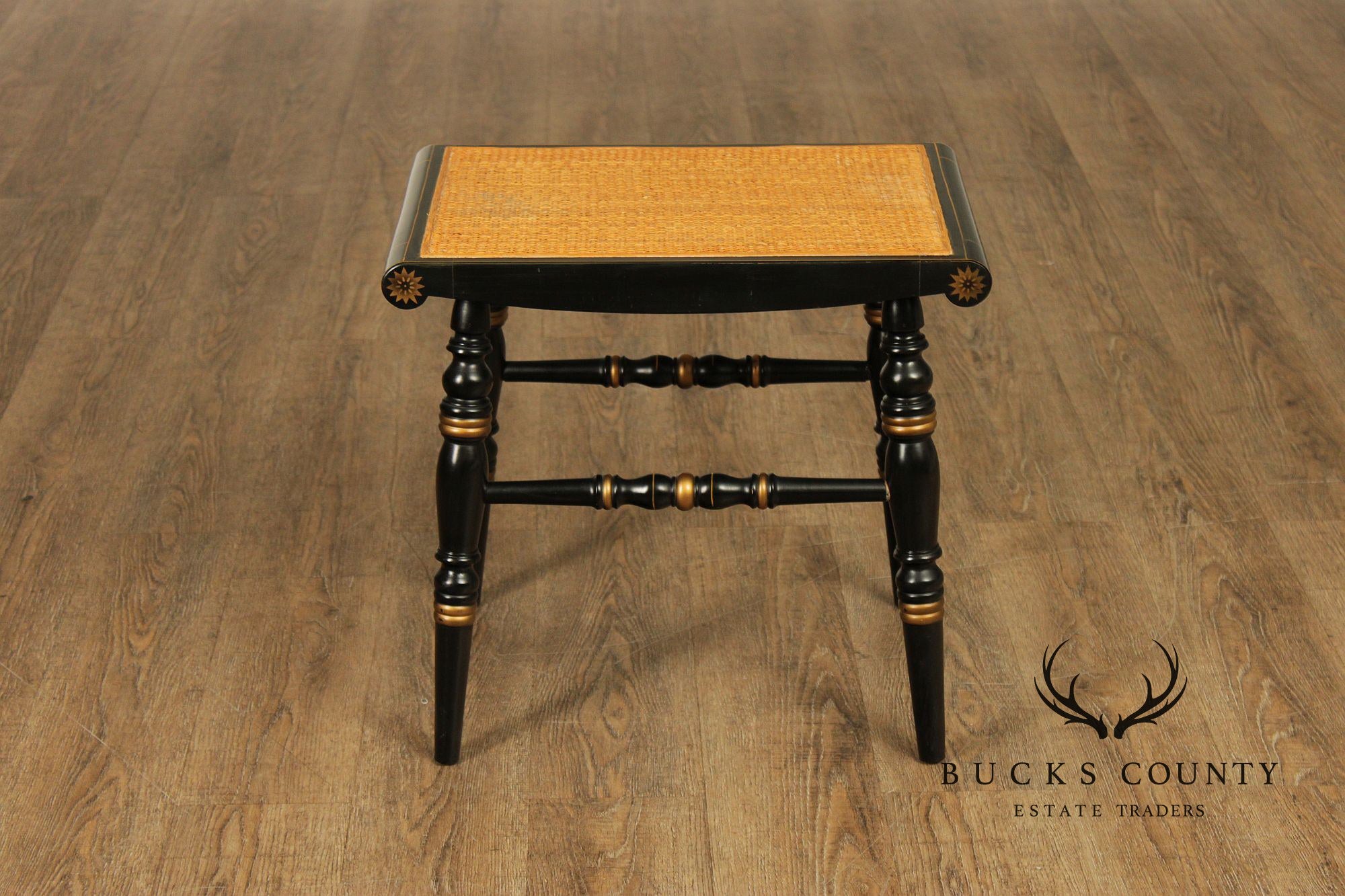 L. Hitchcock Black And Gold Stenciled Vanity Desk And Stool