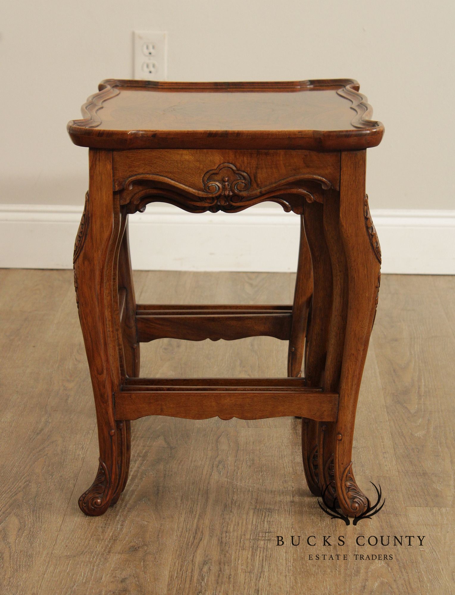 French Louis XV Style Set of Three Burl Walnut Nesting Tables