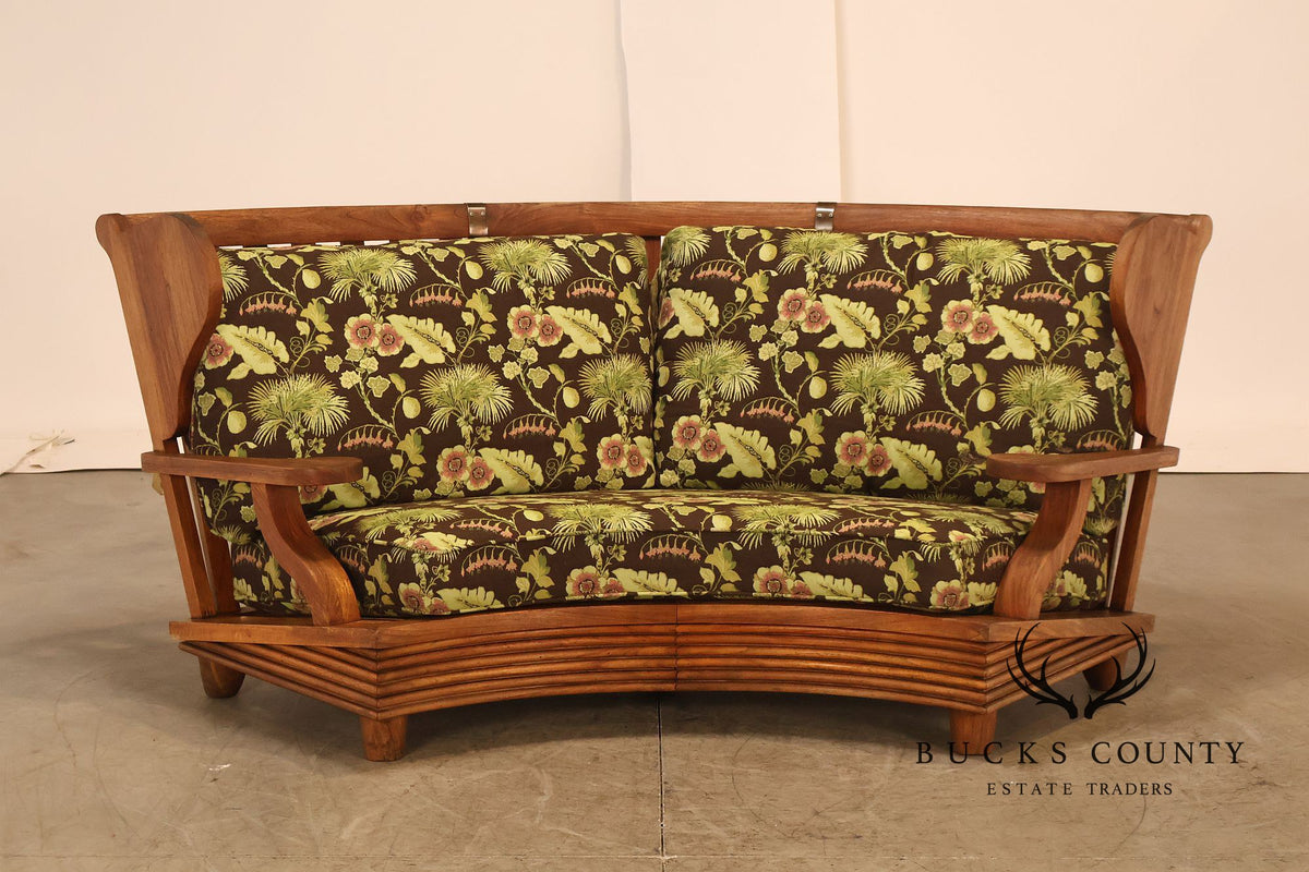 Curved Teak Modular Sofa With Floral Upholstery