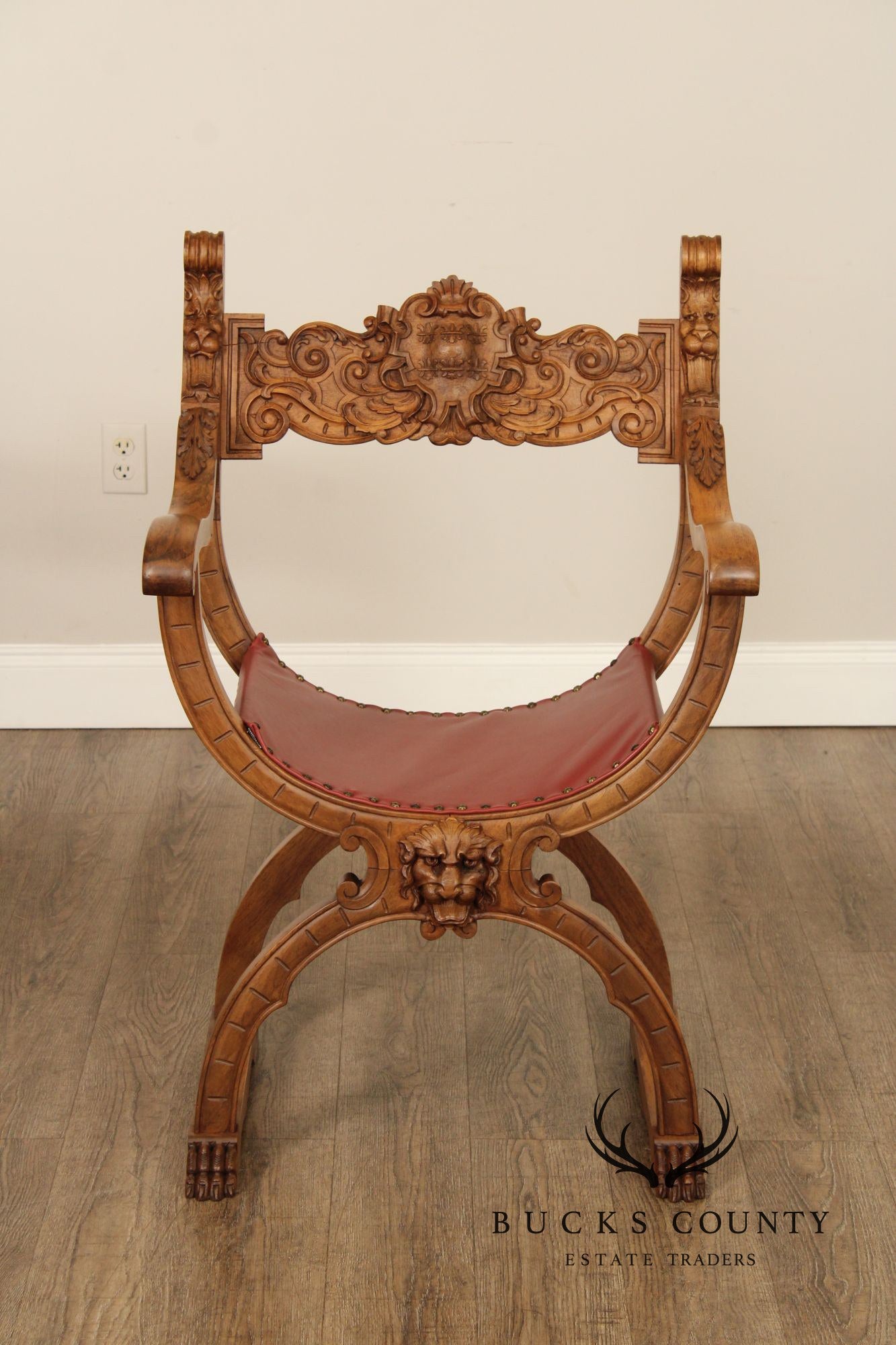 Antique Renaissance Revival Pair of Carved Walnut Savanarola Chairs