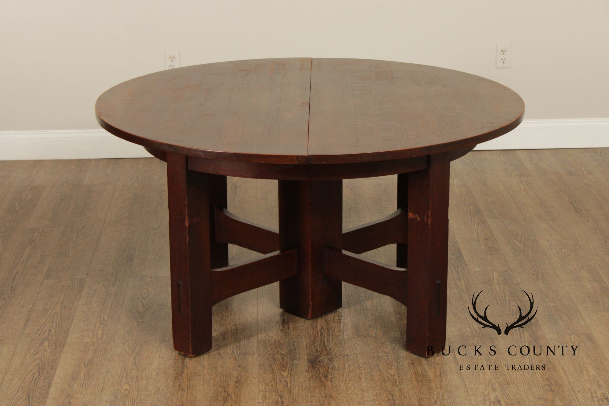 Gustav Stickley Antique Round Mission Oak Expandable Five-Leg Dining Table