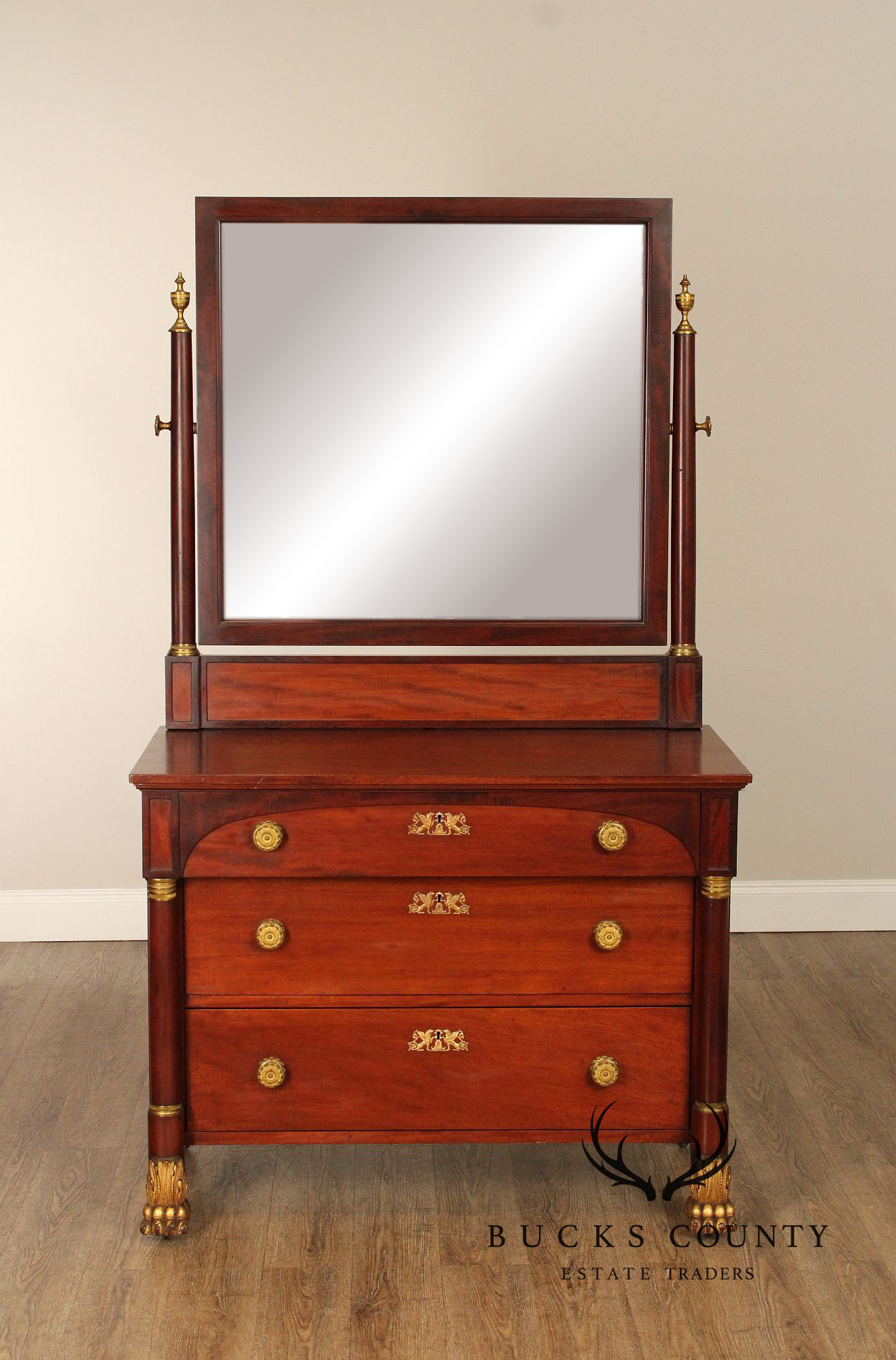 American Empire Style Antique Mahogany Chest of Drawers with Mirror