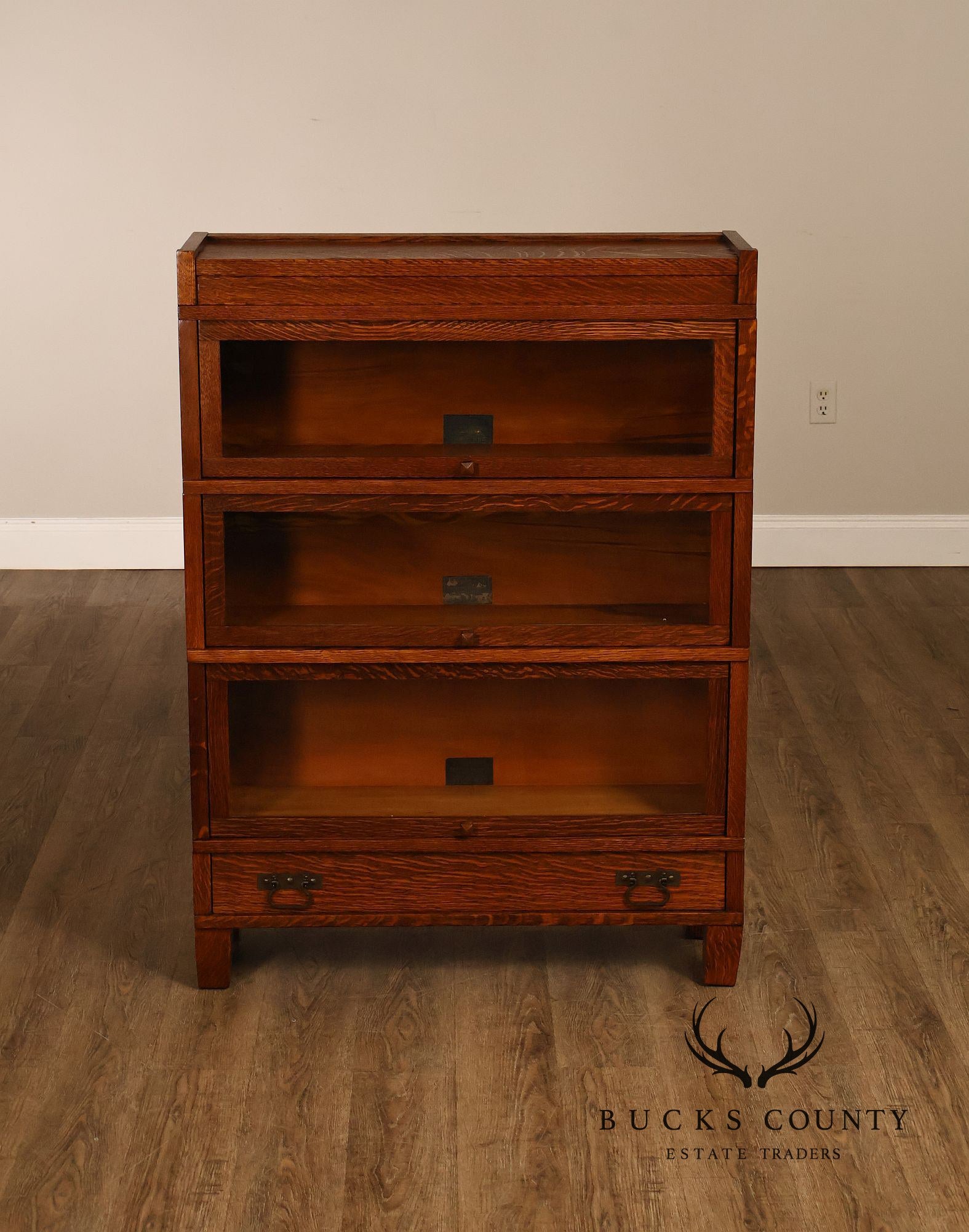Antique Globe Wernicke Mission Oak Three Stack Barrister Bookcase With Base Drawer
