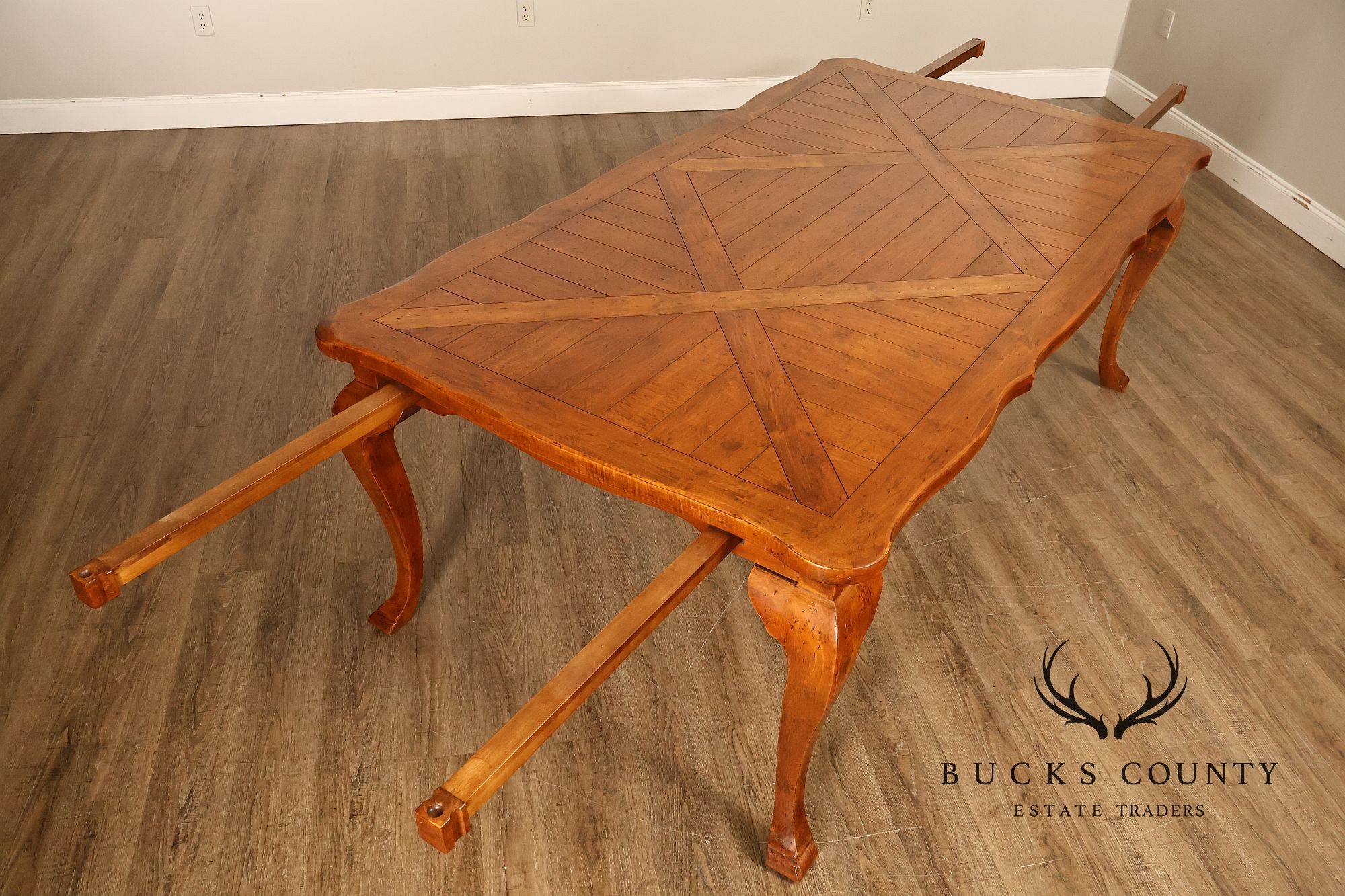 French Provincial Style Parquetry Top Dining Table with Scalloped Apron and Cabriole Legs