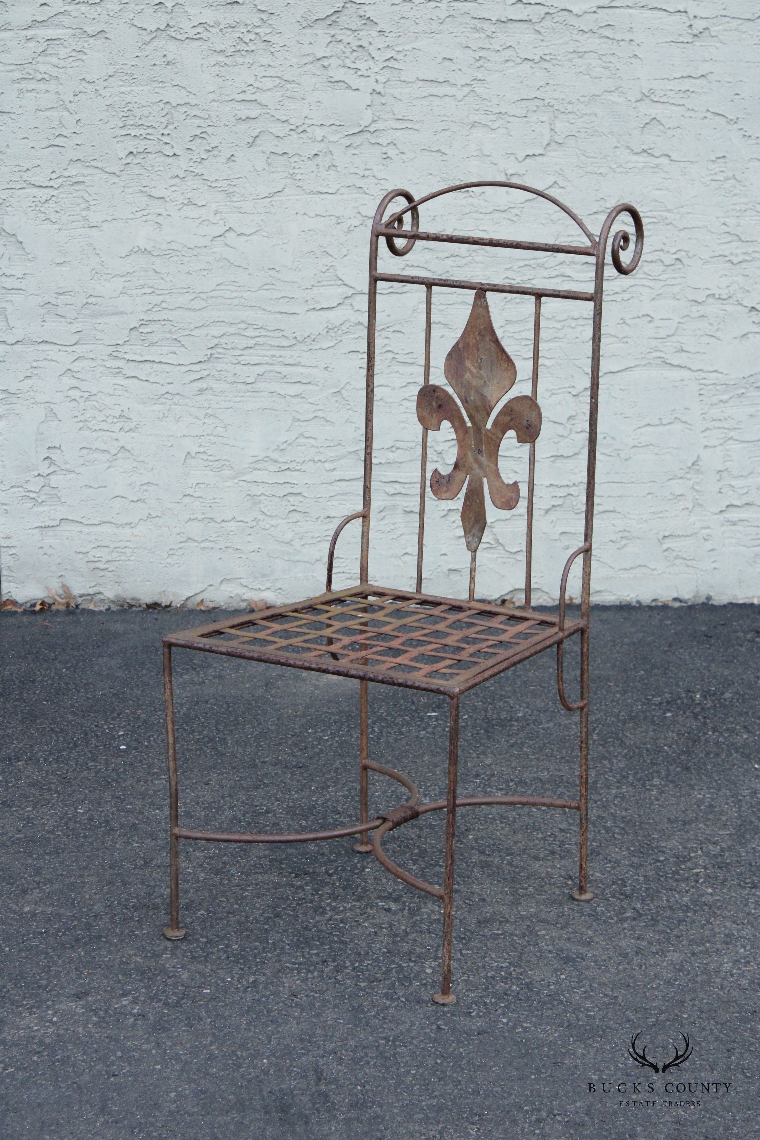 French Style Vintage Set of Four Wrought Iron Garden Side Dining Chairs