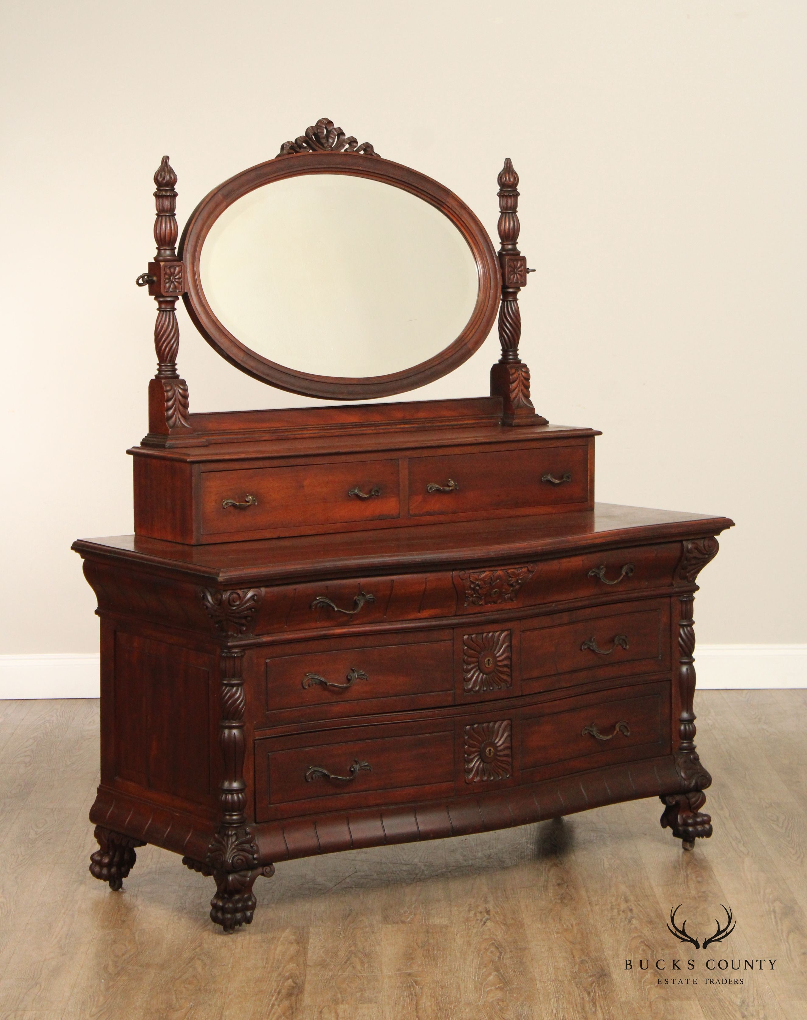 American Victorian Carved Mahogany Dresser With Mirror