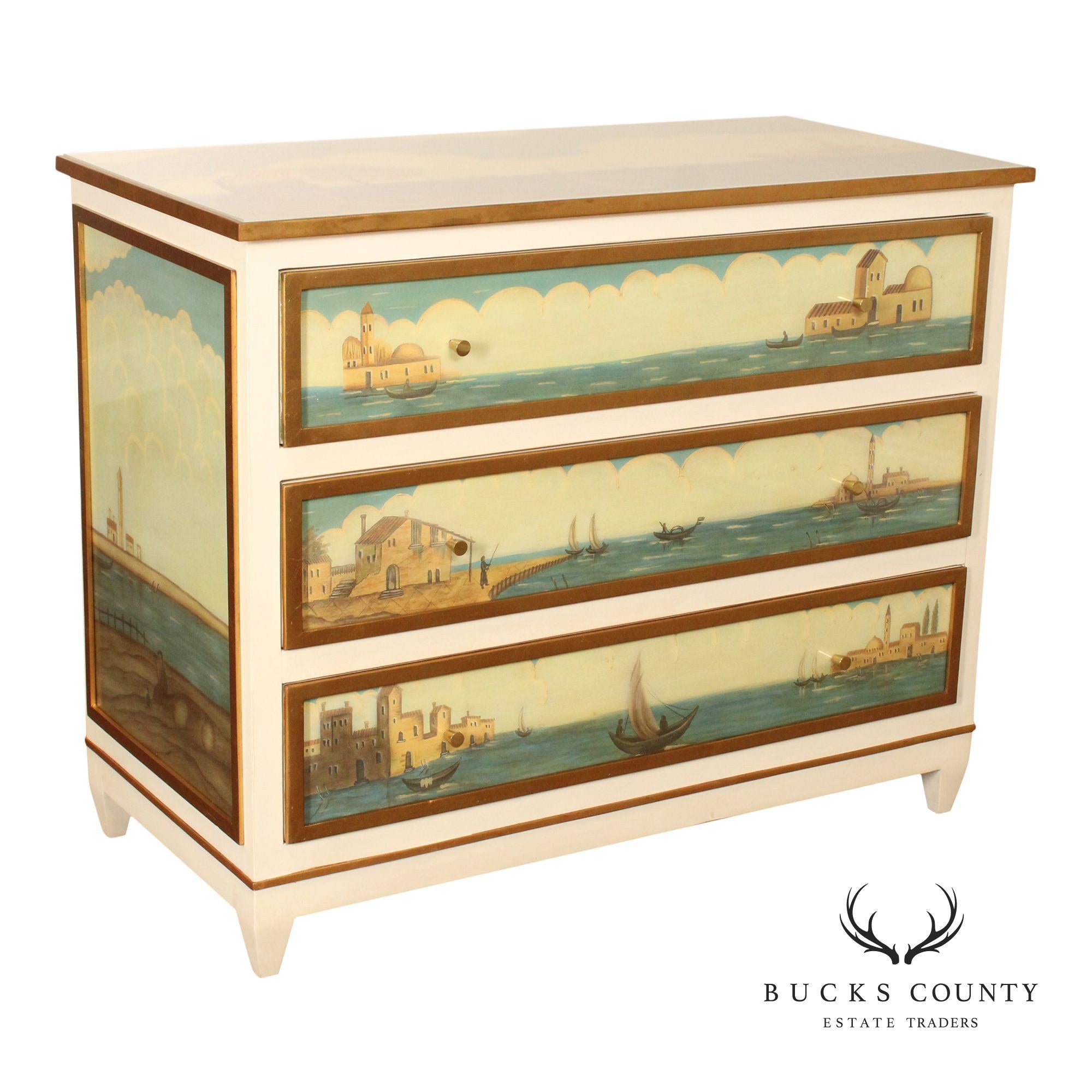 MODERN HISTORY HAND PAINTED VENETIAN THREE DRAWER CHEST COMMODE