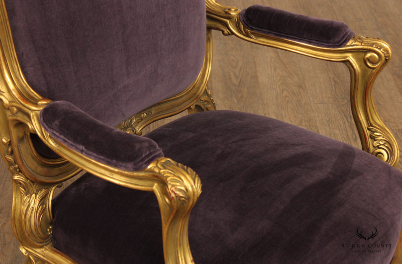 FRENCH ROCOCO LOUIS XV STYLE PAIR OF GILTWOOD FAUTEUIL ARMCHAIRS