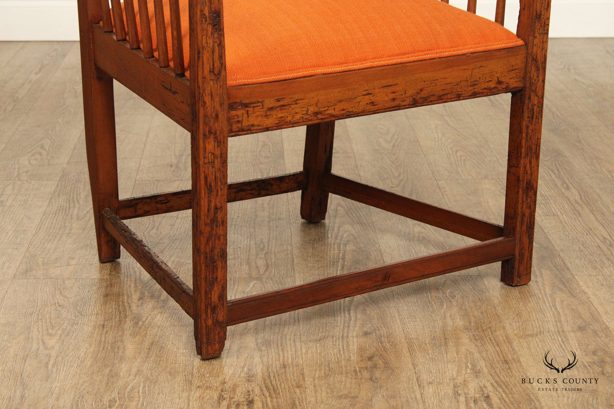 Antique Arts And Crafts Distressed Oak Tall Ladder Back Armchair
