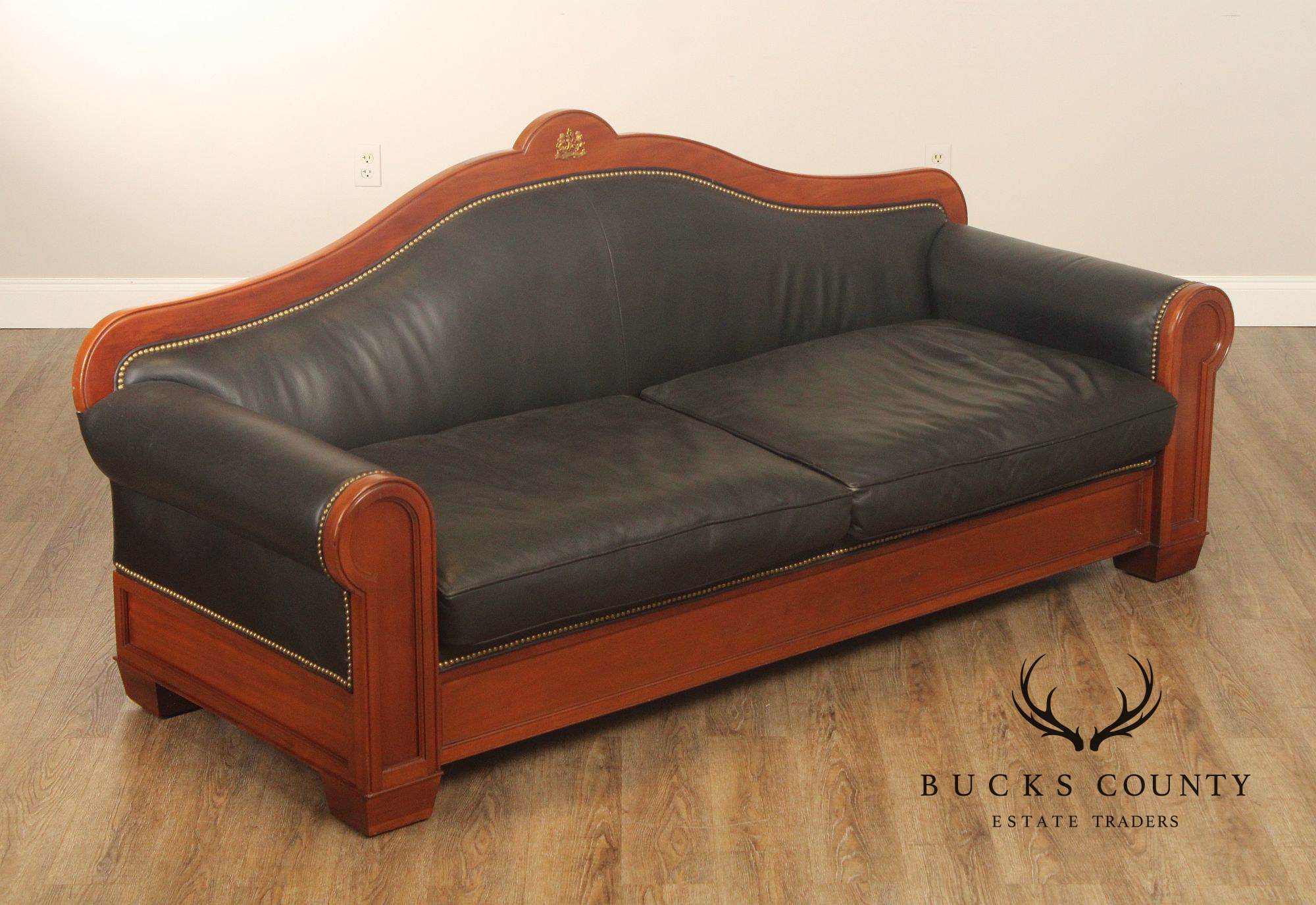 Ralph Lauren Empire Style Mahogany Frame Black Leather Sofa