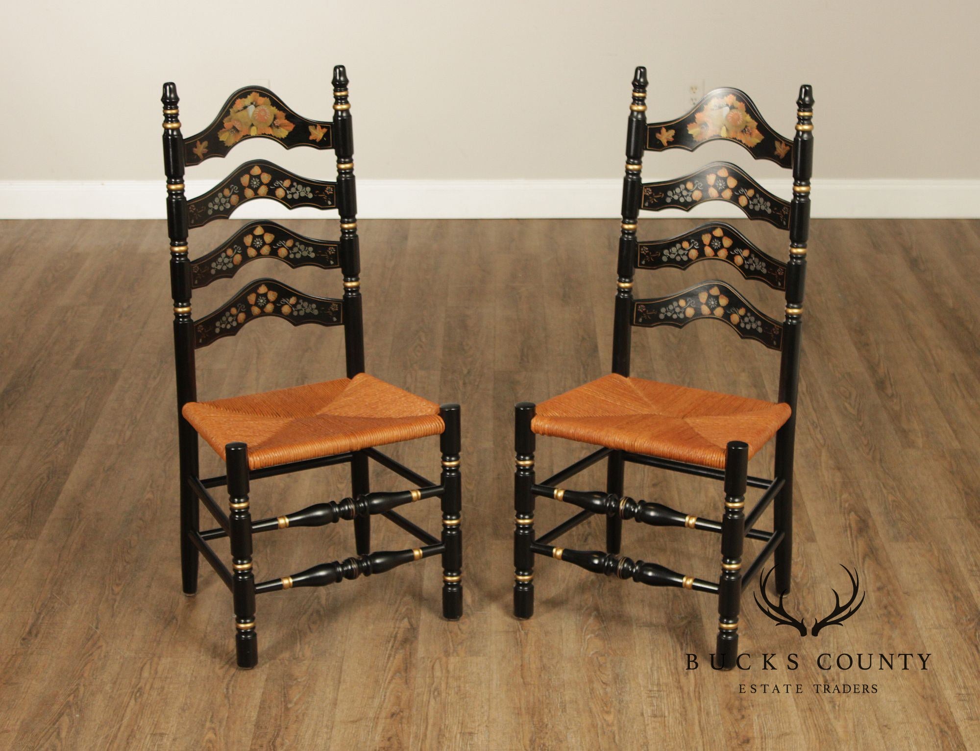 Ethan Allen Pair Of Hitchcock Style Hand Painted Ladderback Side Chairs