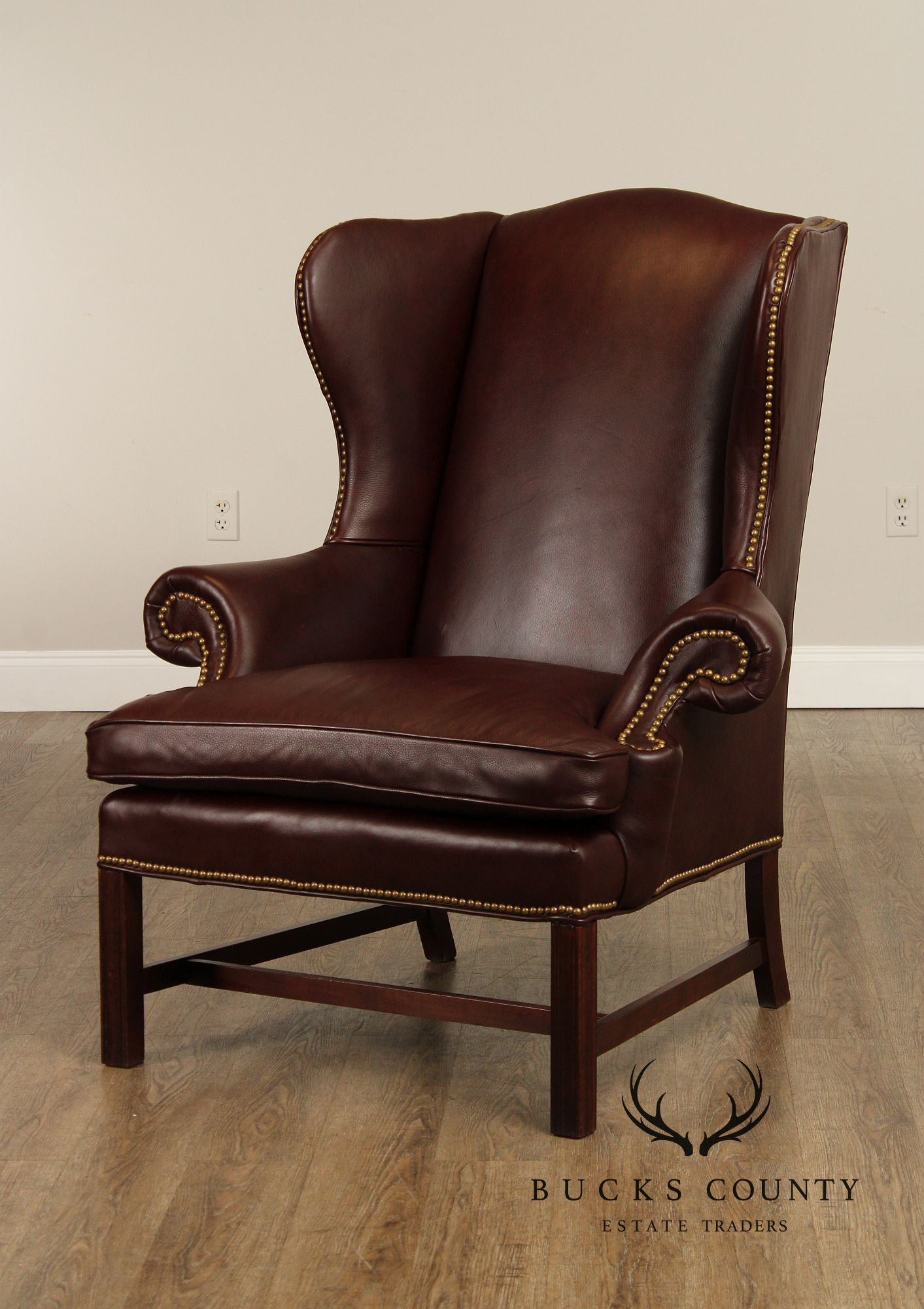 Chippendale Style Pair Of High Back Leather Wing Chairs