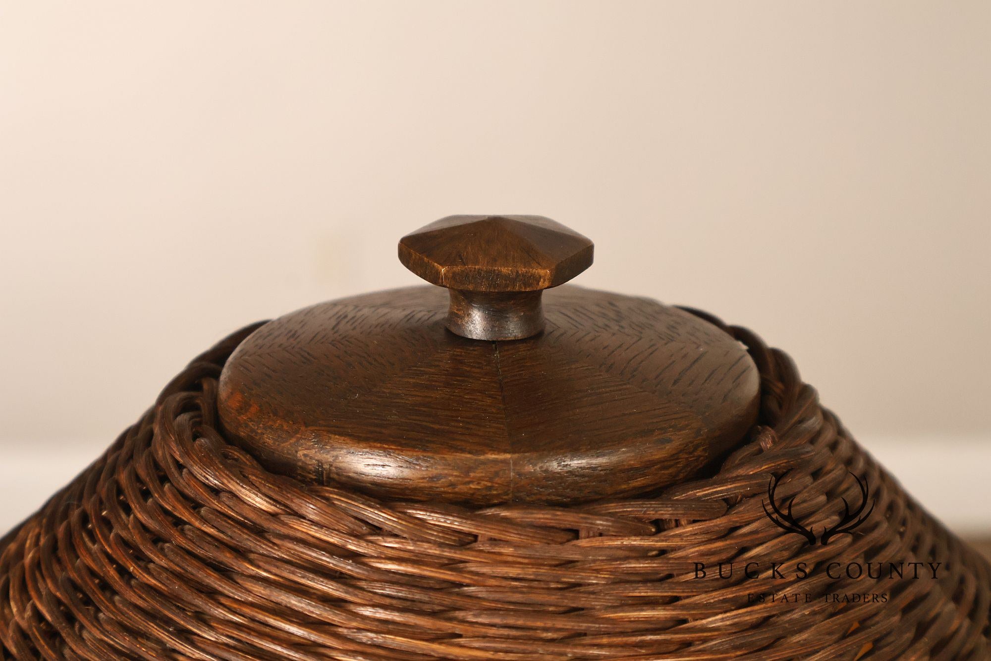 Antique Arts And Crafts Oak Table Lamp With Wicker Shade