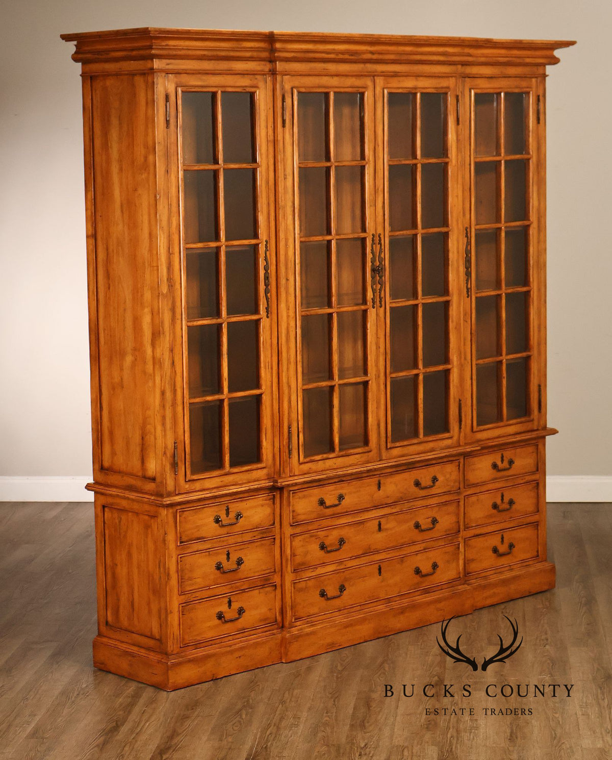 Guy Chaddock Large Rustic Pine Library Bookcase Breakfront With Glazed Doors And Drawers